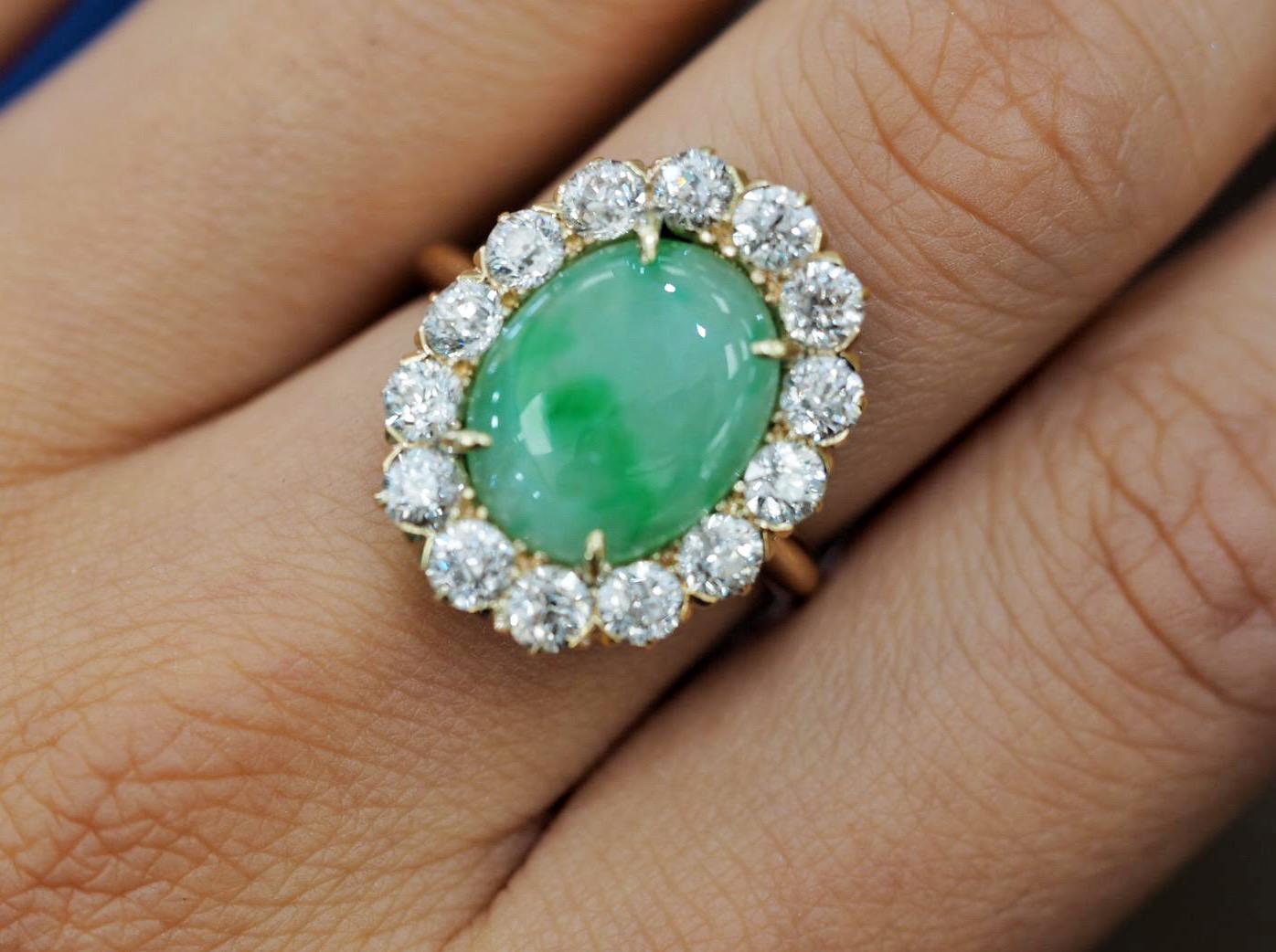  Antique Jade Diamond Ring In Good Condition In Addison, TX