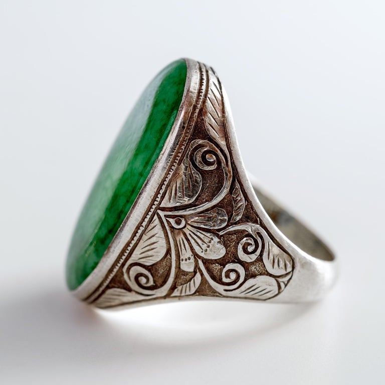 Art Nouveau Jade Ring from China in Silver Certified Untreated at 1stDibs