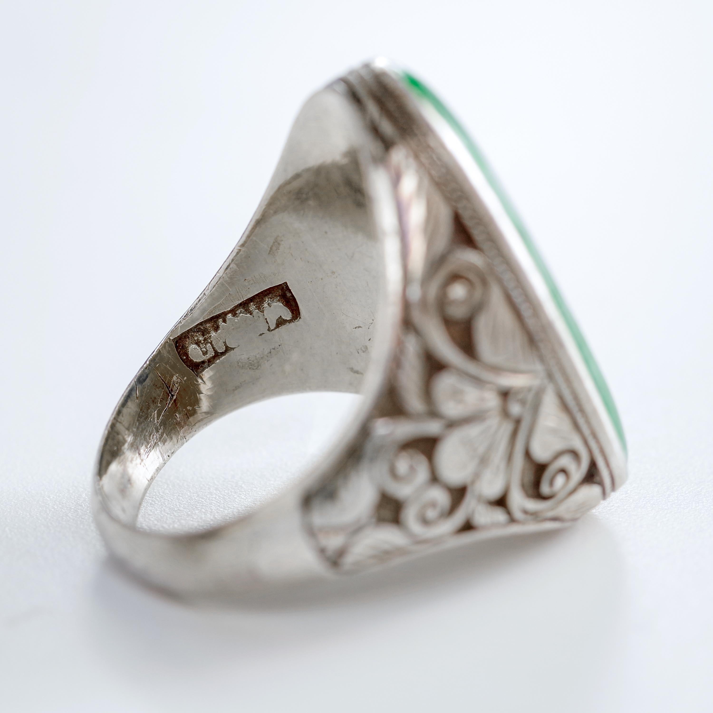 Art Nouveau Jade Ring from China in Silver Certified Untreated 1