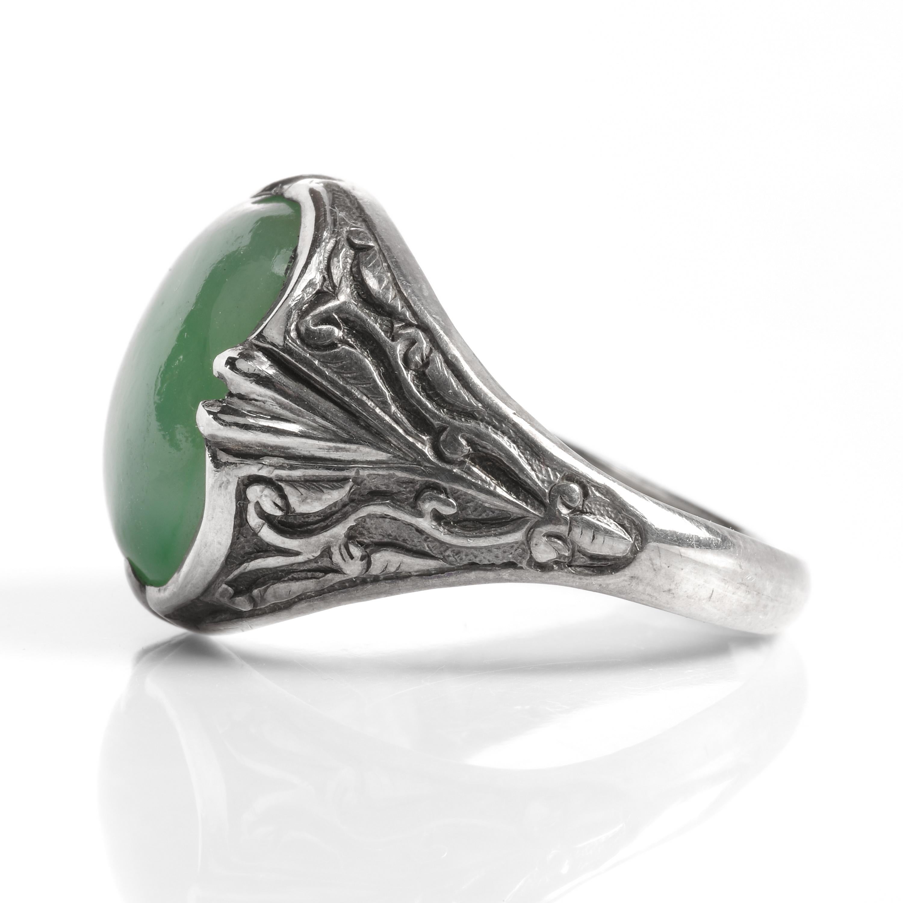 Cabochon Art Nouveau Jade Ring in Silver Certified Untreated