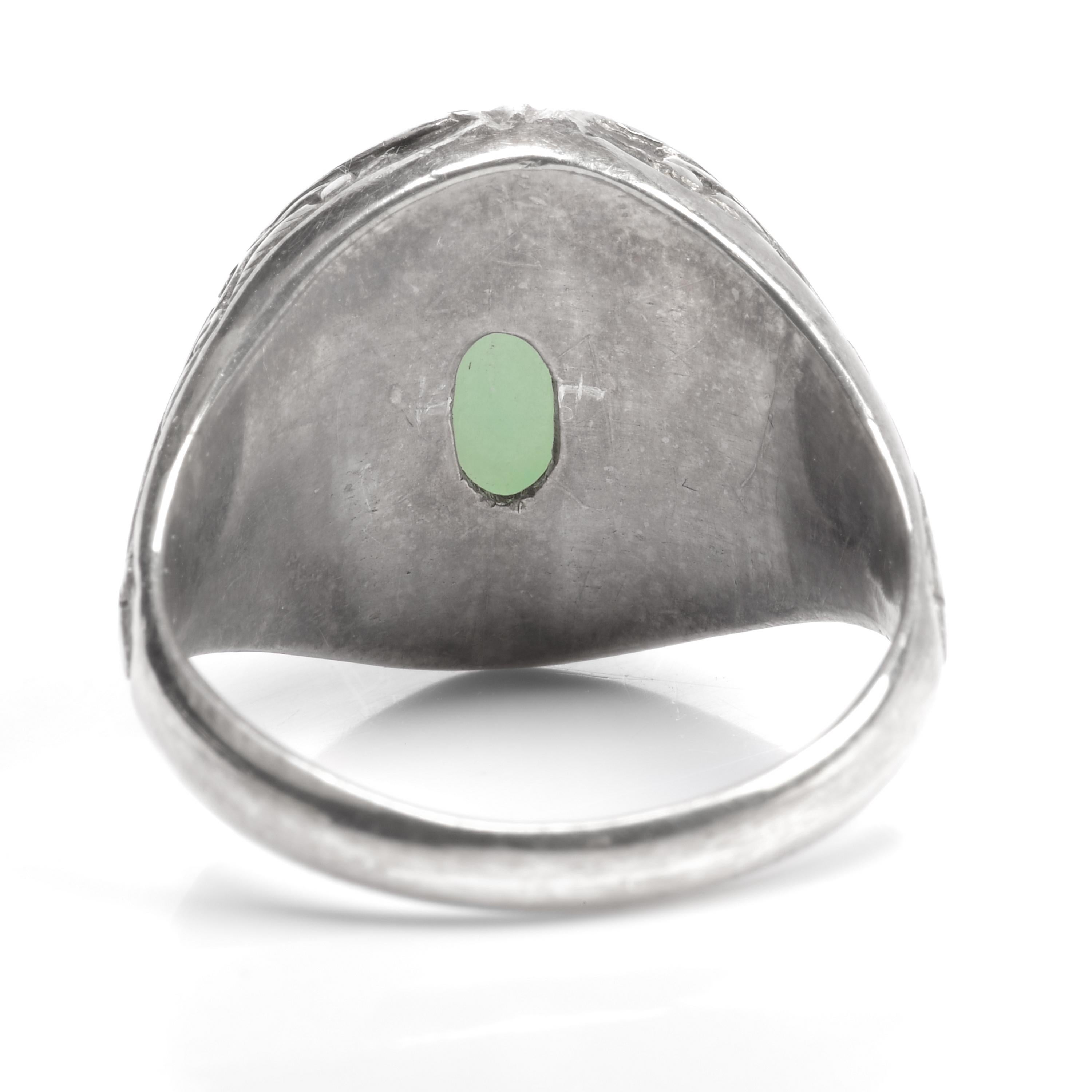 Art Nouveau Jade Ring in Silver Certified Untreated In Excellent Condition In Southbury, CT