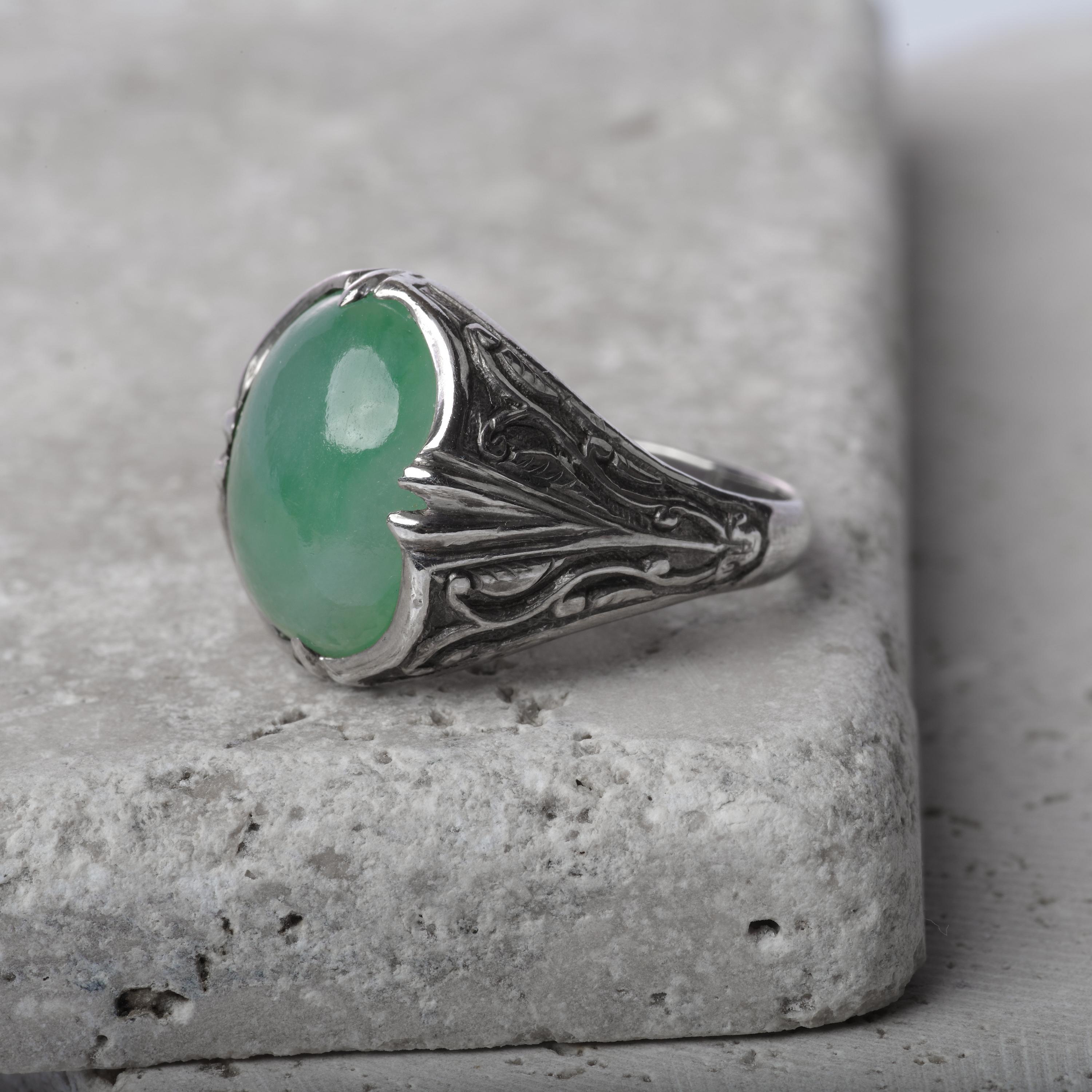 Women's or Men's Art Nouveau Jade Ring in Silver Certified Untreated