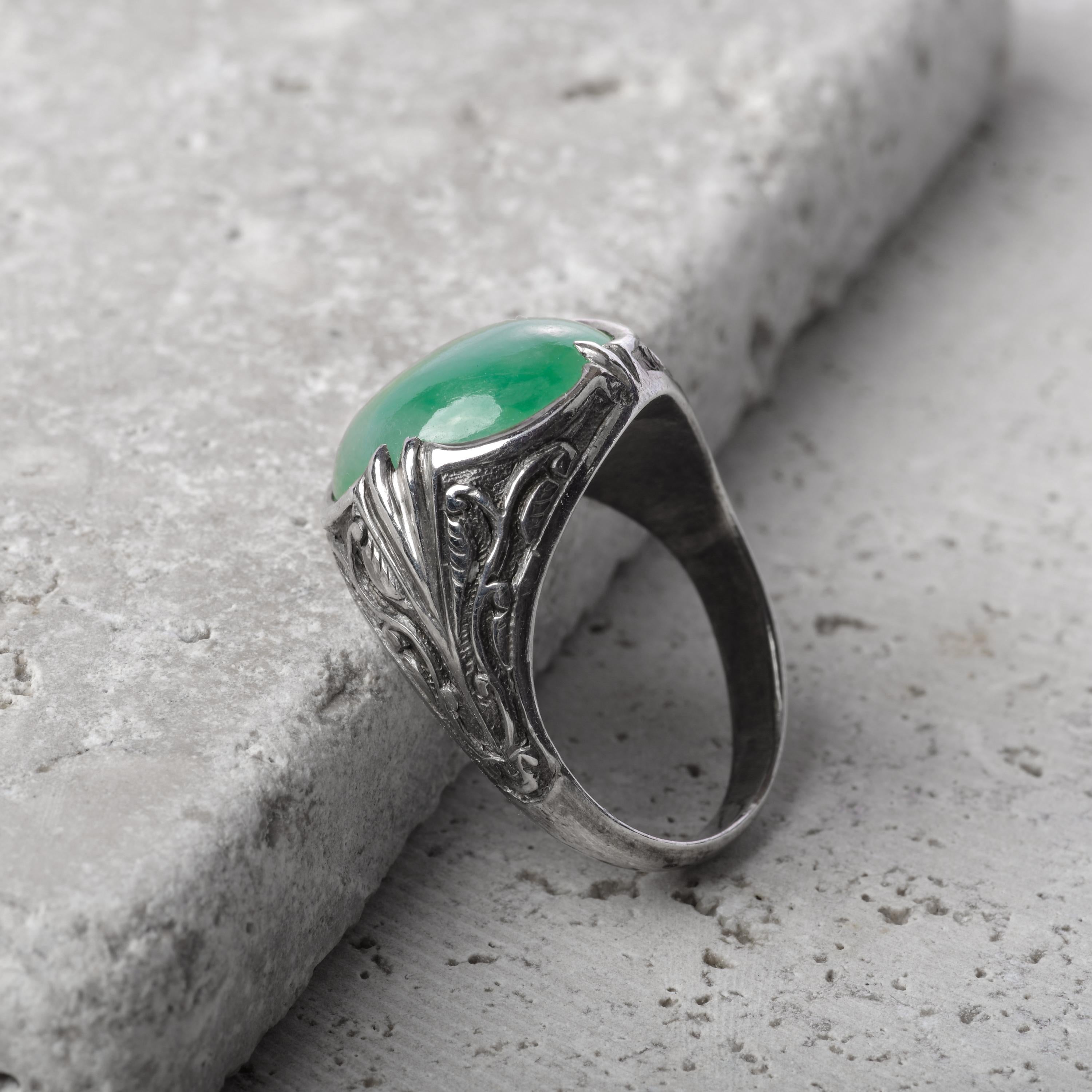 Art Nouveau Jade Ring in Silver Certified Untreated 1