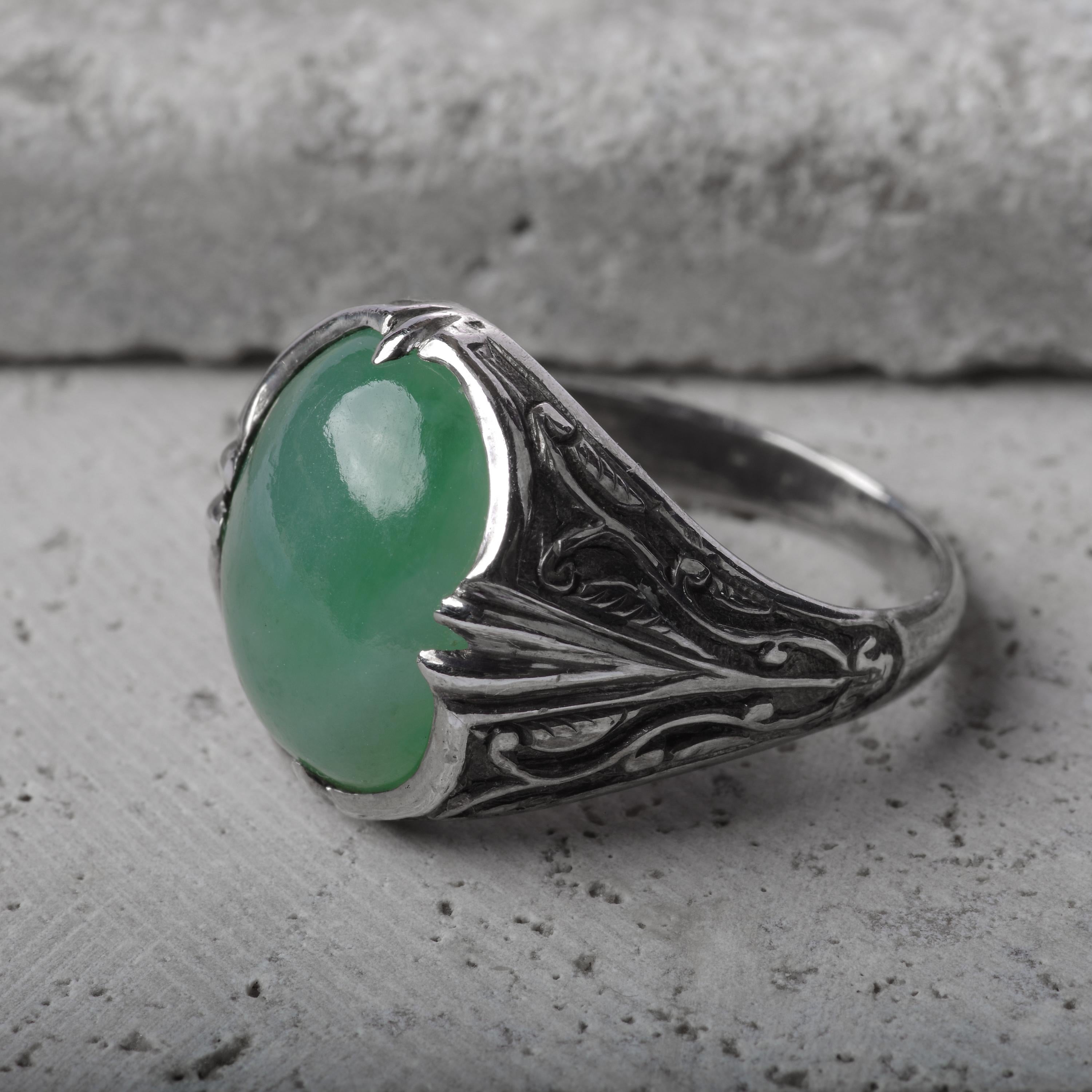 Art Nouveau Jade Ring in Silver Certified Untreated 2