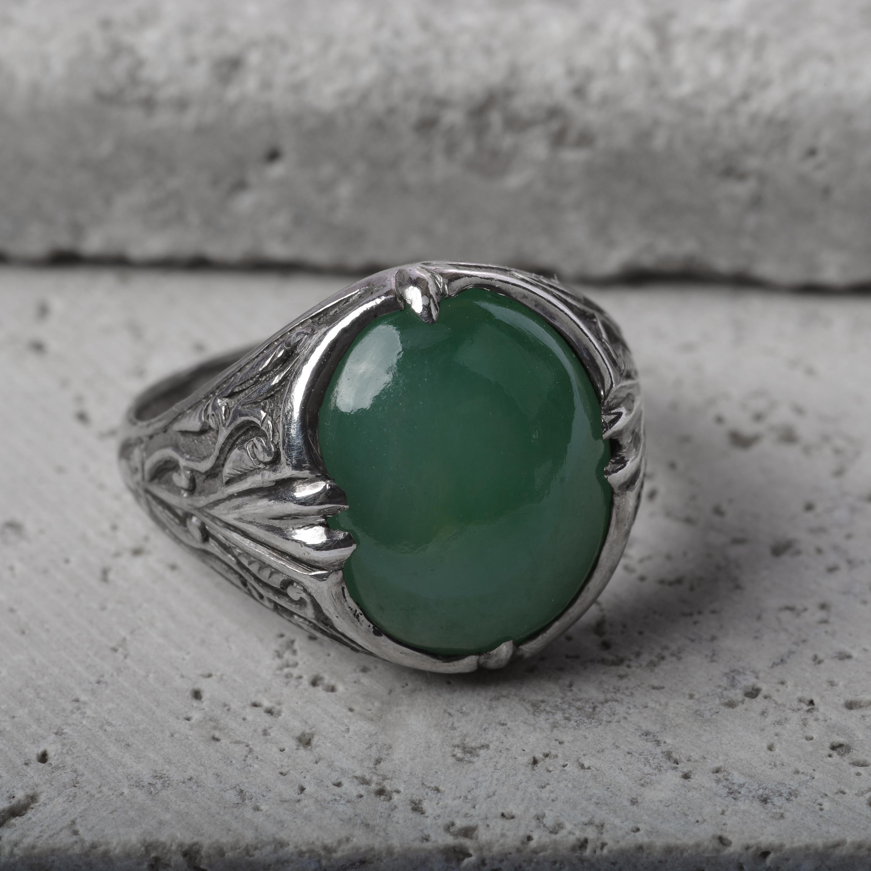Art Nouveau Jade Ring in Silver Certified Untreated 3