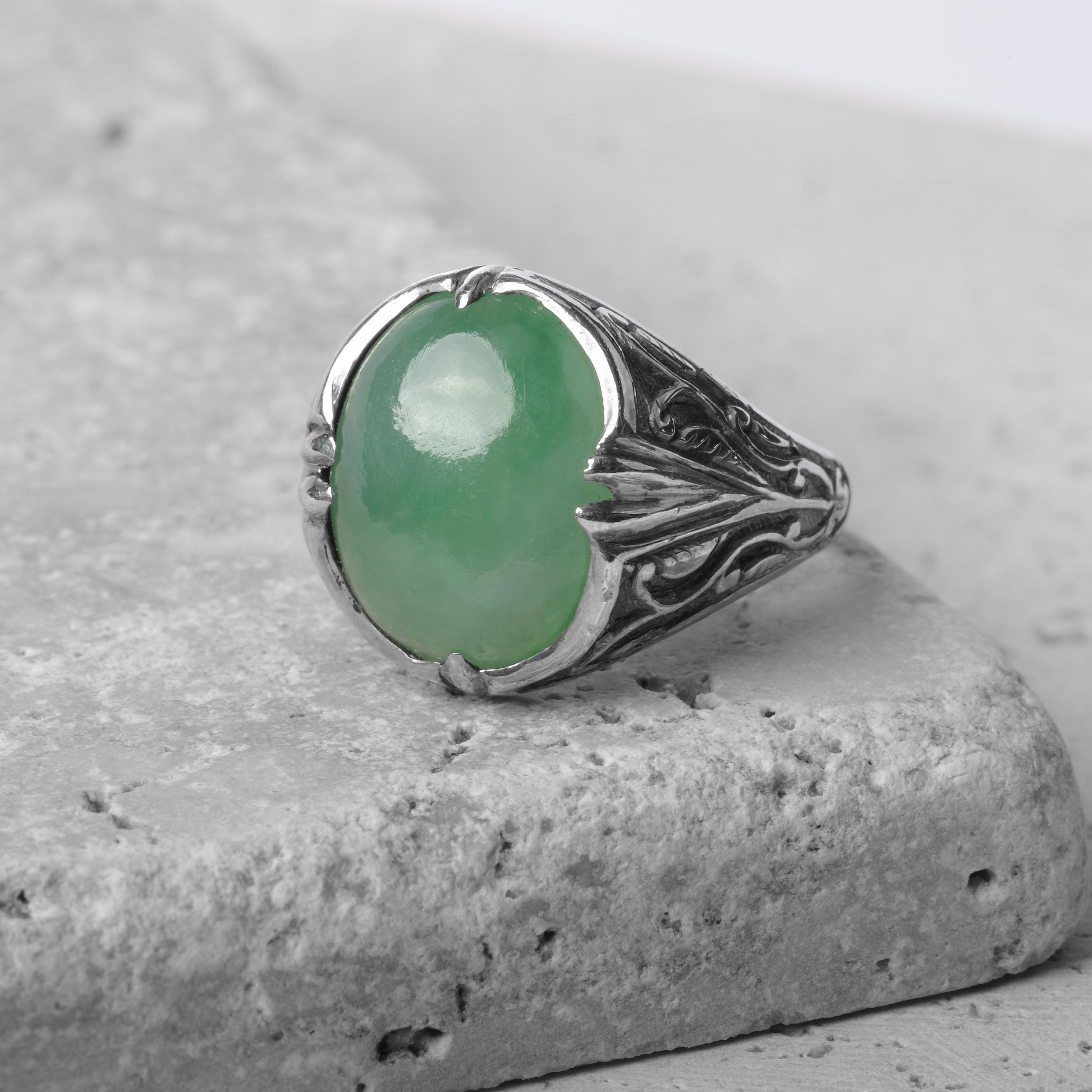 Art Nouveau Jade Ring in Silver Certified Untreated 4