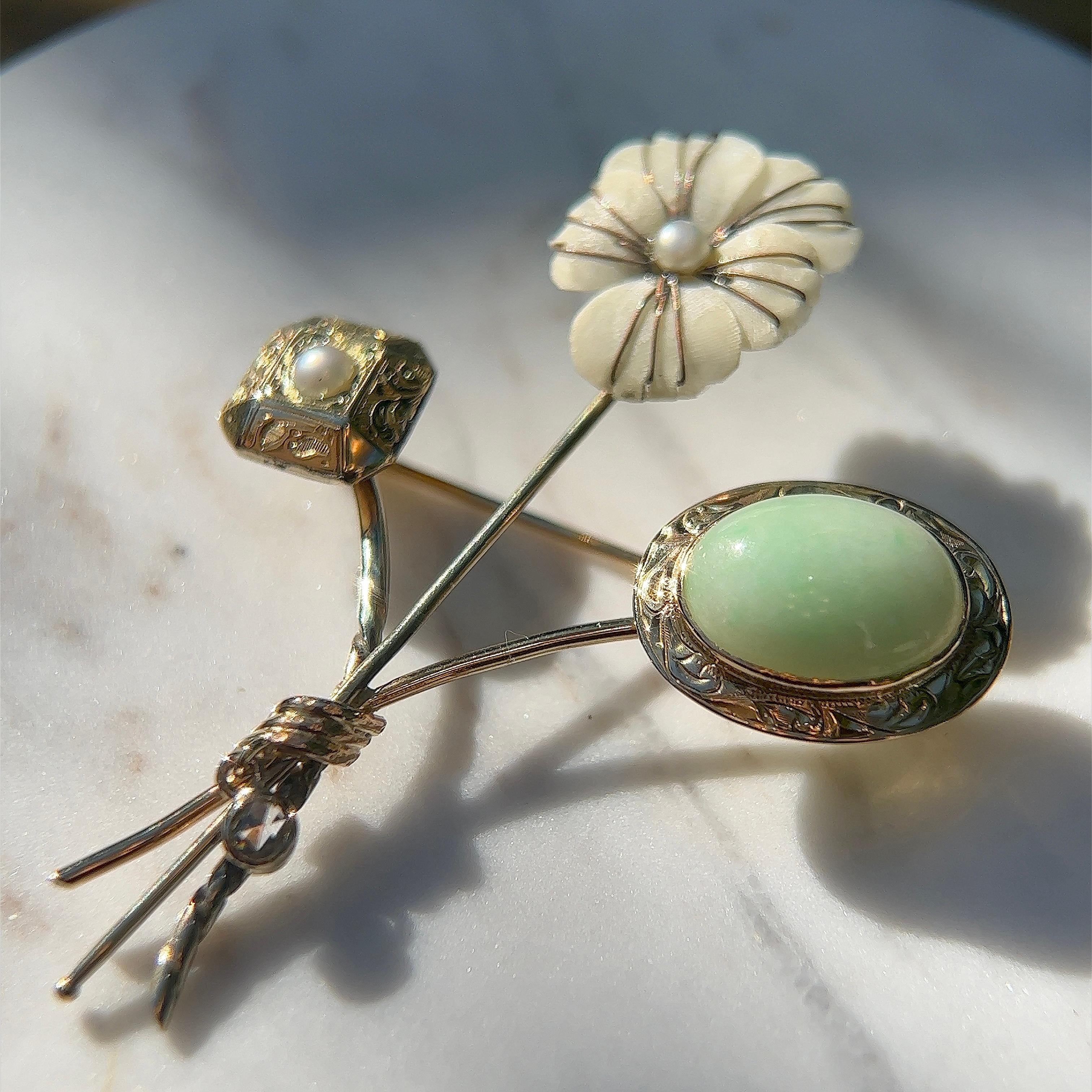 Rose Cut Art Nouveau Jade, Shell, Cultured Pearl and Diamond Flower Pin