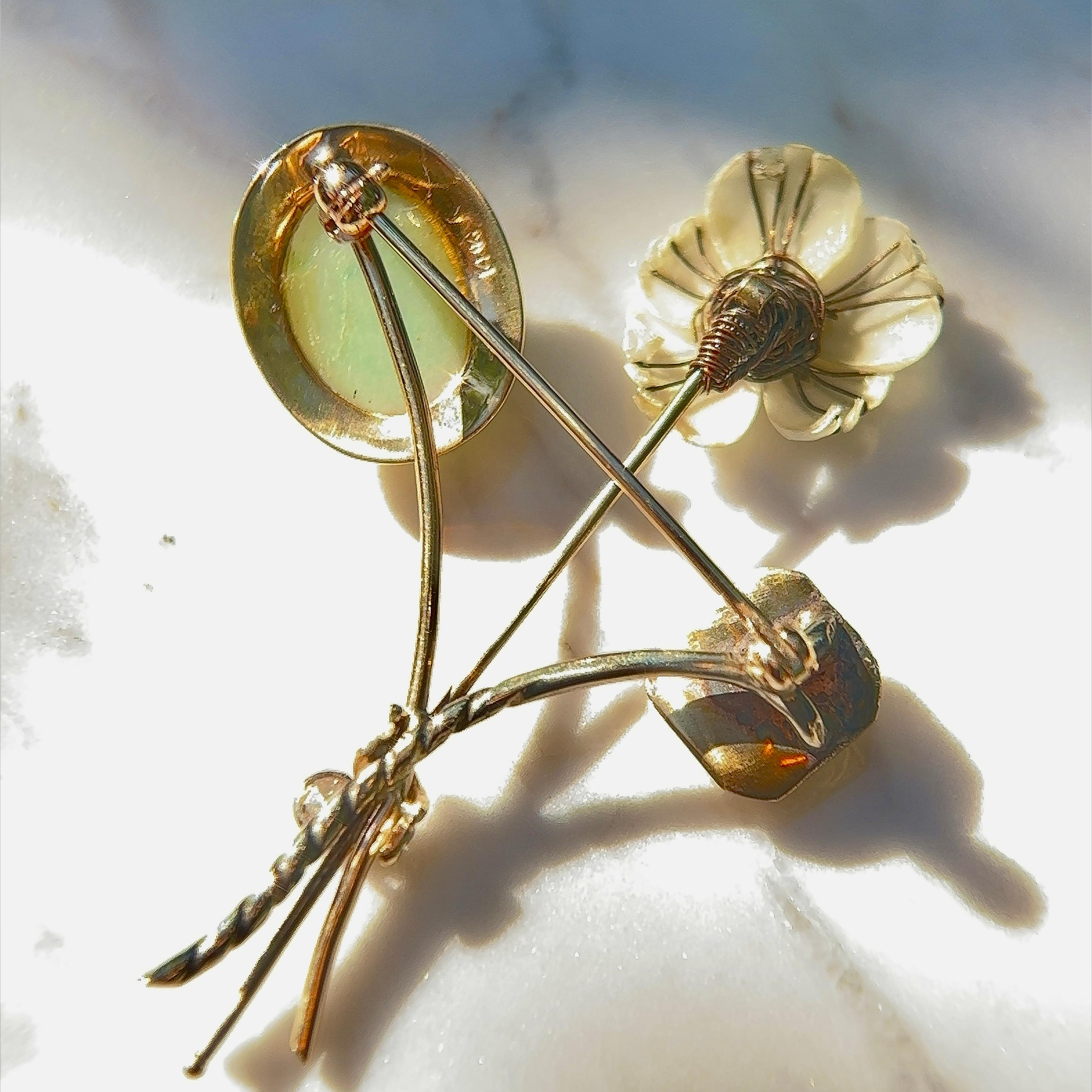 Art Nouveau Jade, Shell, Cultured Pearl and Diamond Flower Pin In Good Condition In Towson, MD