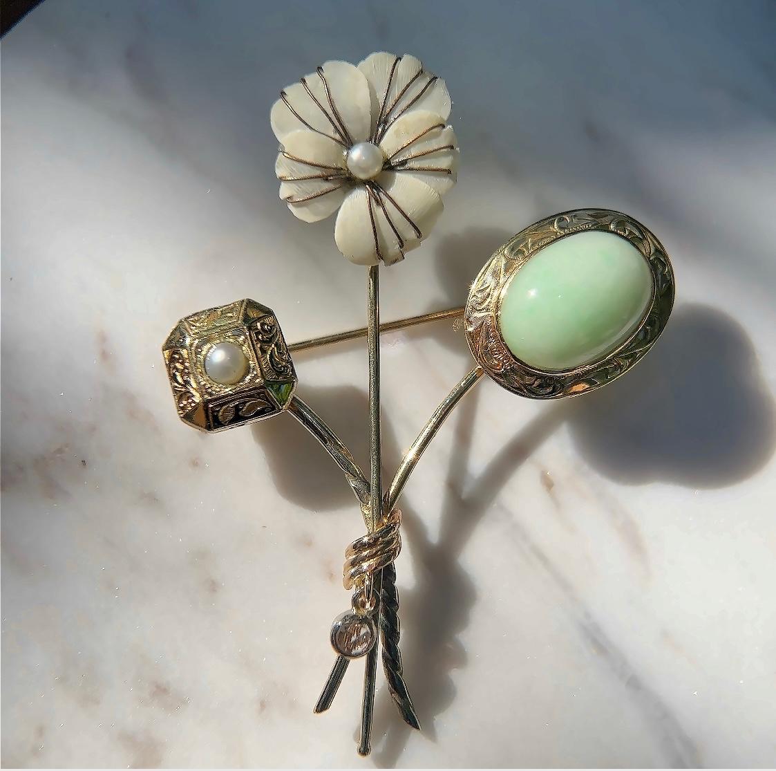 Women's or Men's Art Nouveau Jade, Shell, Cultured Pearl and Diamond Flower Pin