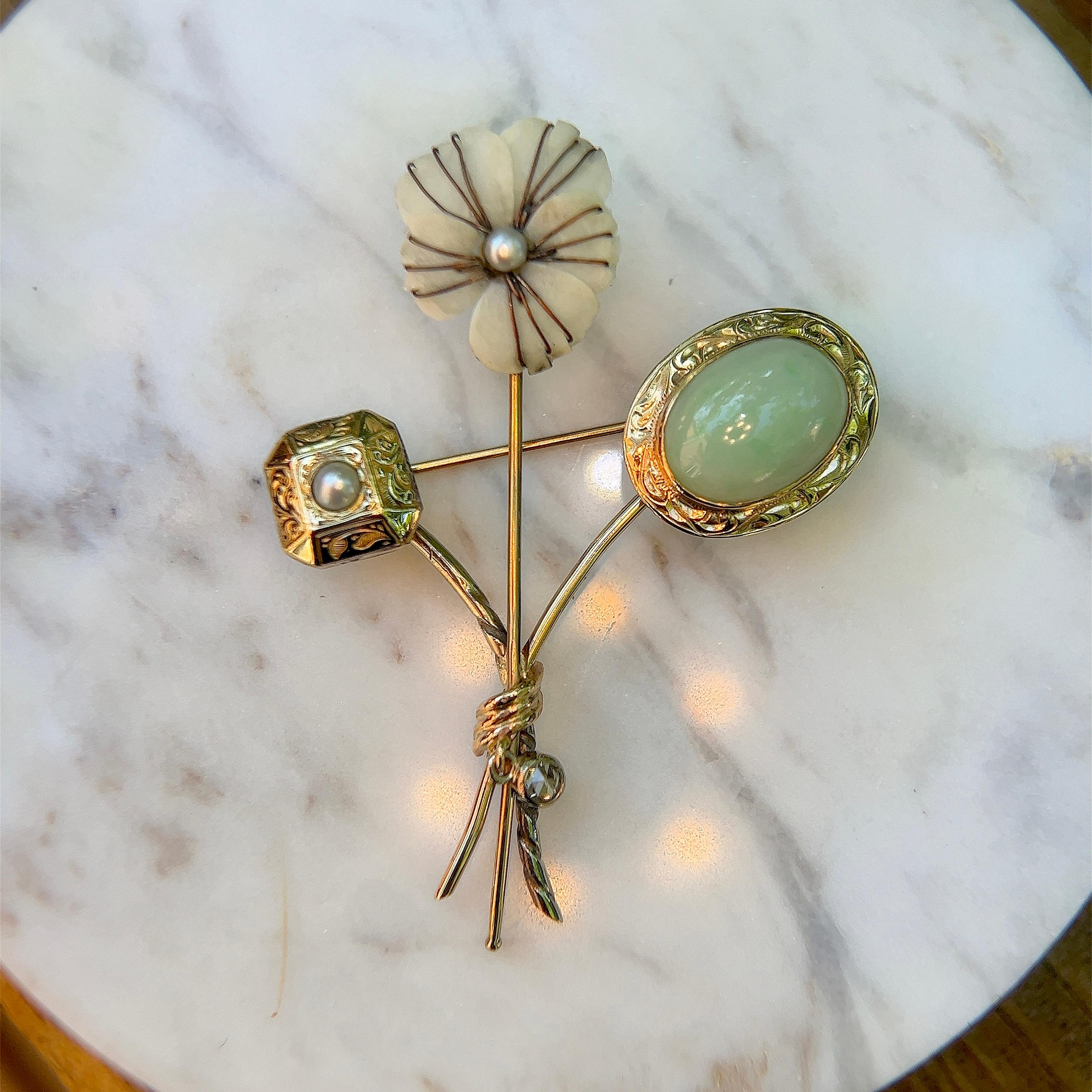 Art Nouveau Jade, Shell, Cultured Pearl and Diamond Flower Pin 1