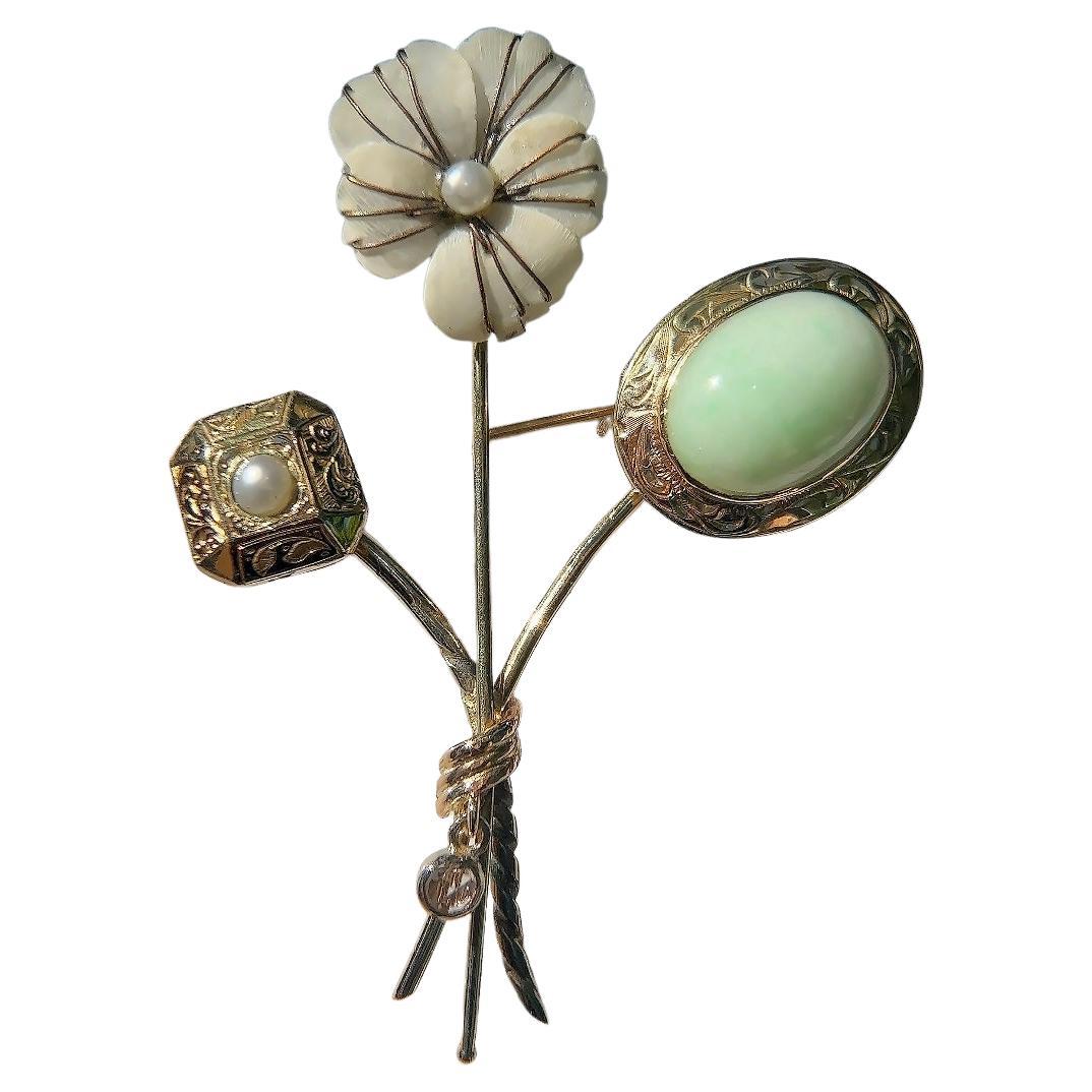 Art Nouveau Jade, Shell, Cultured Pearl and Diamond Flower Pin