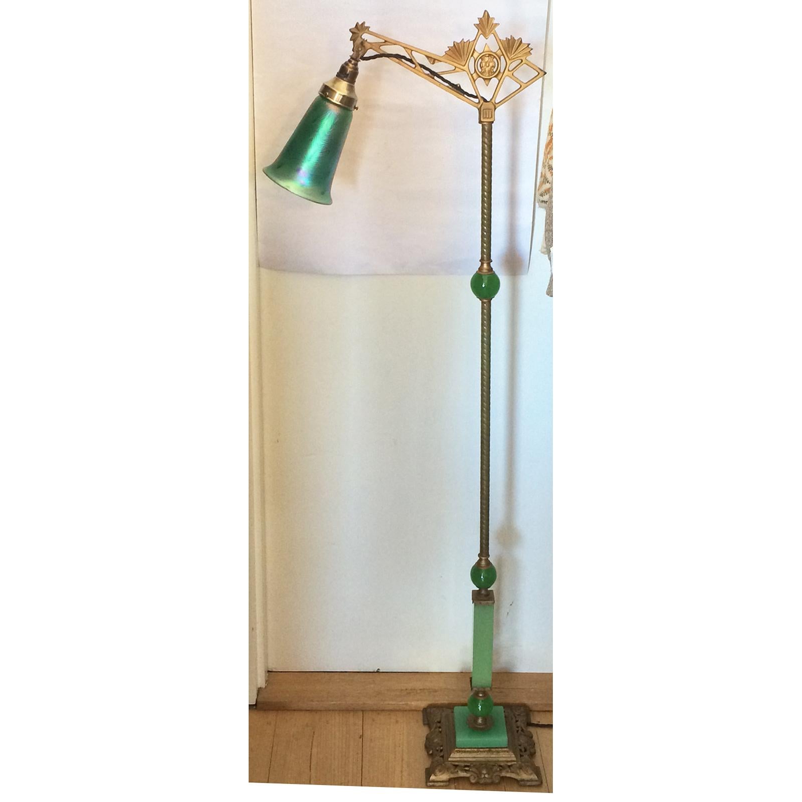 American Art Nouveau Jadeite Glass and Iridescent Pulled Feather Shade Bridge Floor Lamp