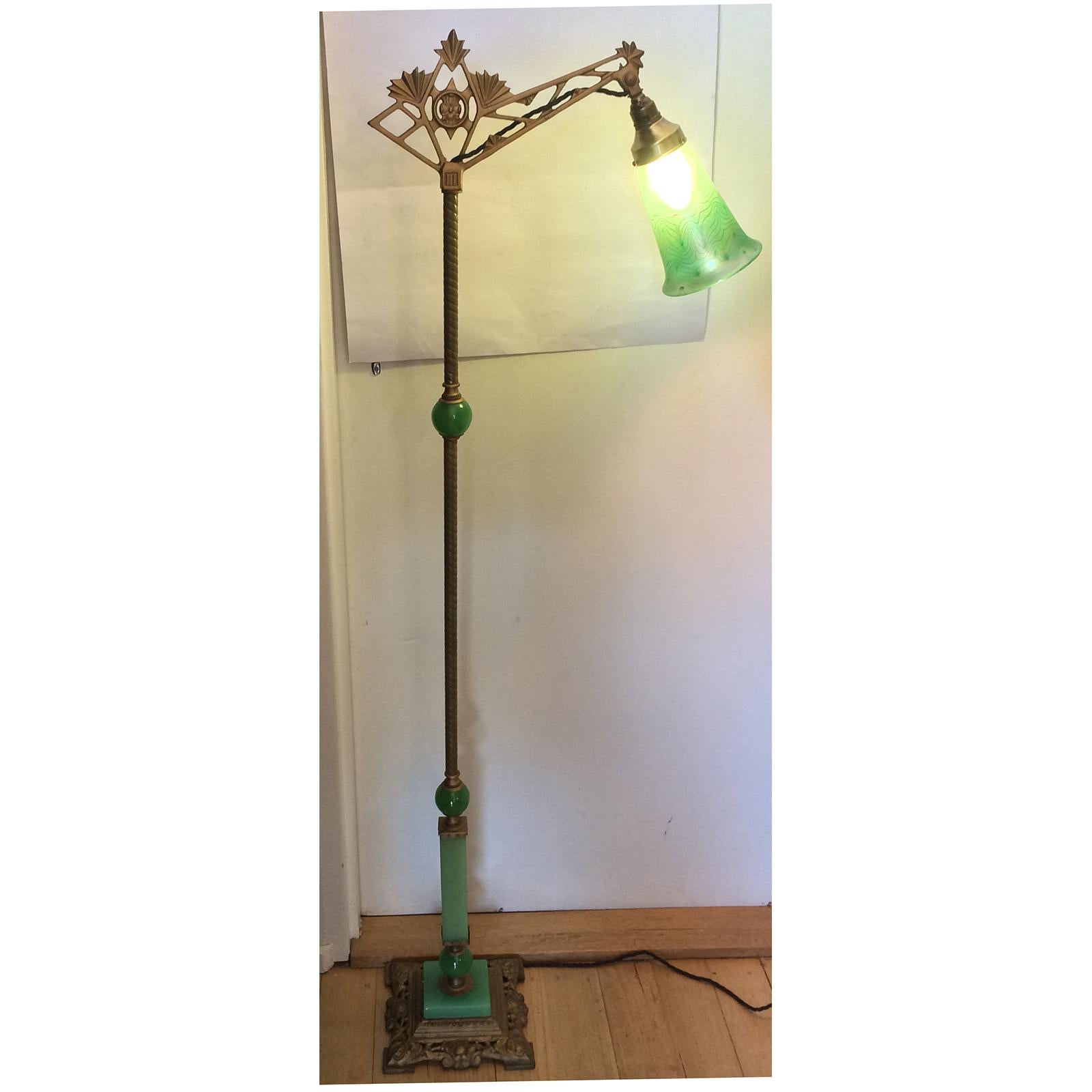 Early 20th Century Art Nouveau Jadeite Glass and Iridescent Pulled Feather Shade Bridge Floor Lamp