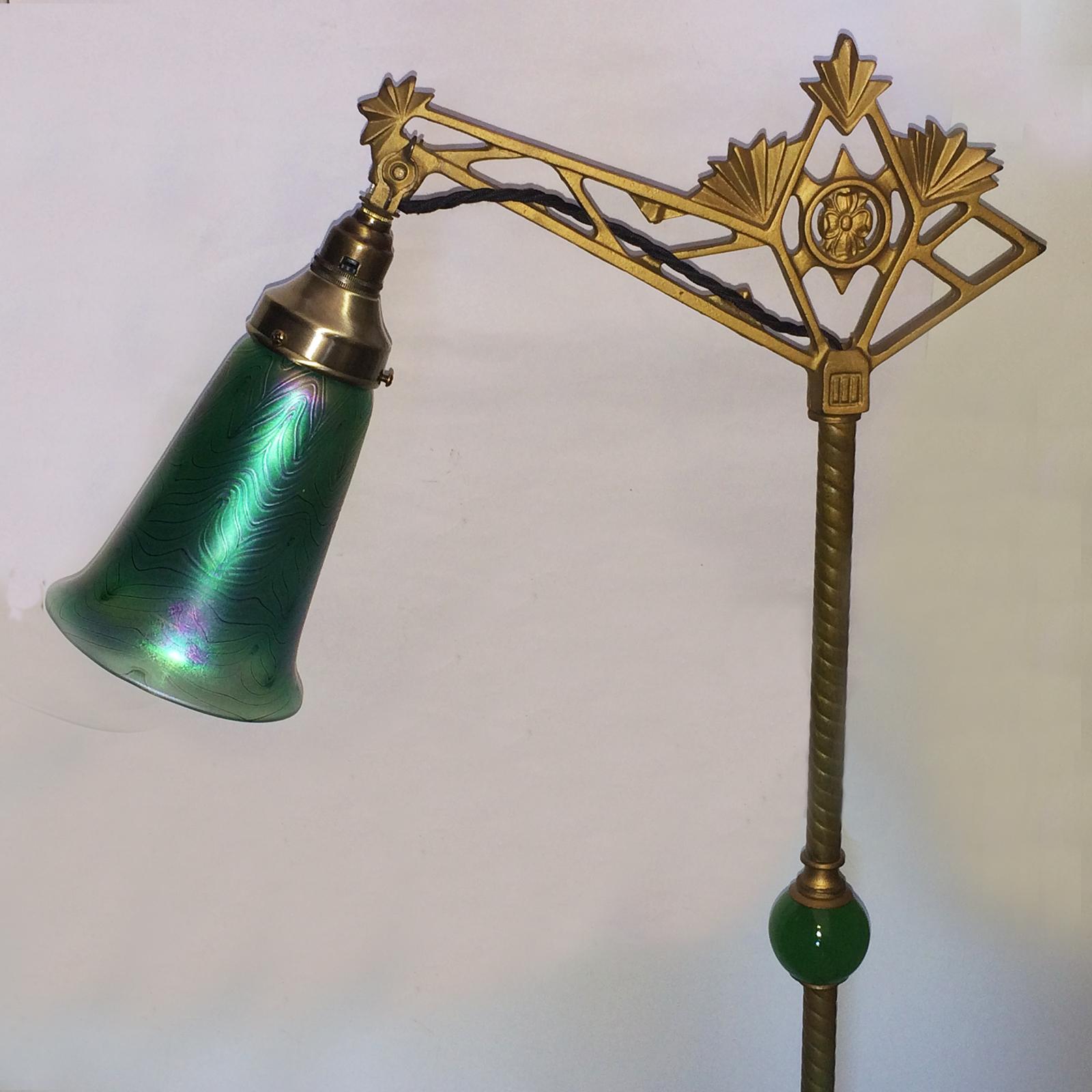 Art Nouveau Jadeite Glass and Iridescent Pulled Feather Shade Bridge Floor Lamp 1