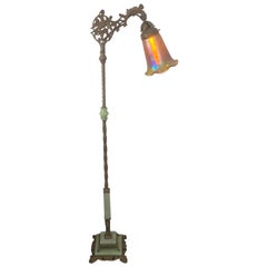 Antique Art Nouveau Jadeite Glass and Iridescent Pulled Feather Shade Bridge Floor Lamp
