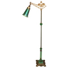 Antique Art Nouveau Jadeite Glass and Iridescent Pulled Feather Shade Bridge Floor Lamp