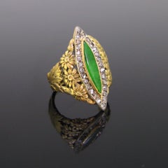 Art Nouveau Jadeite Jade Diamonds Yellow Gold Platinum Marquise Ring
