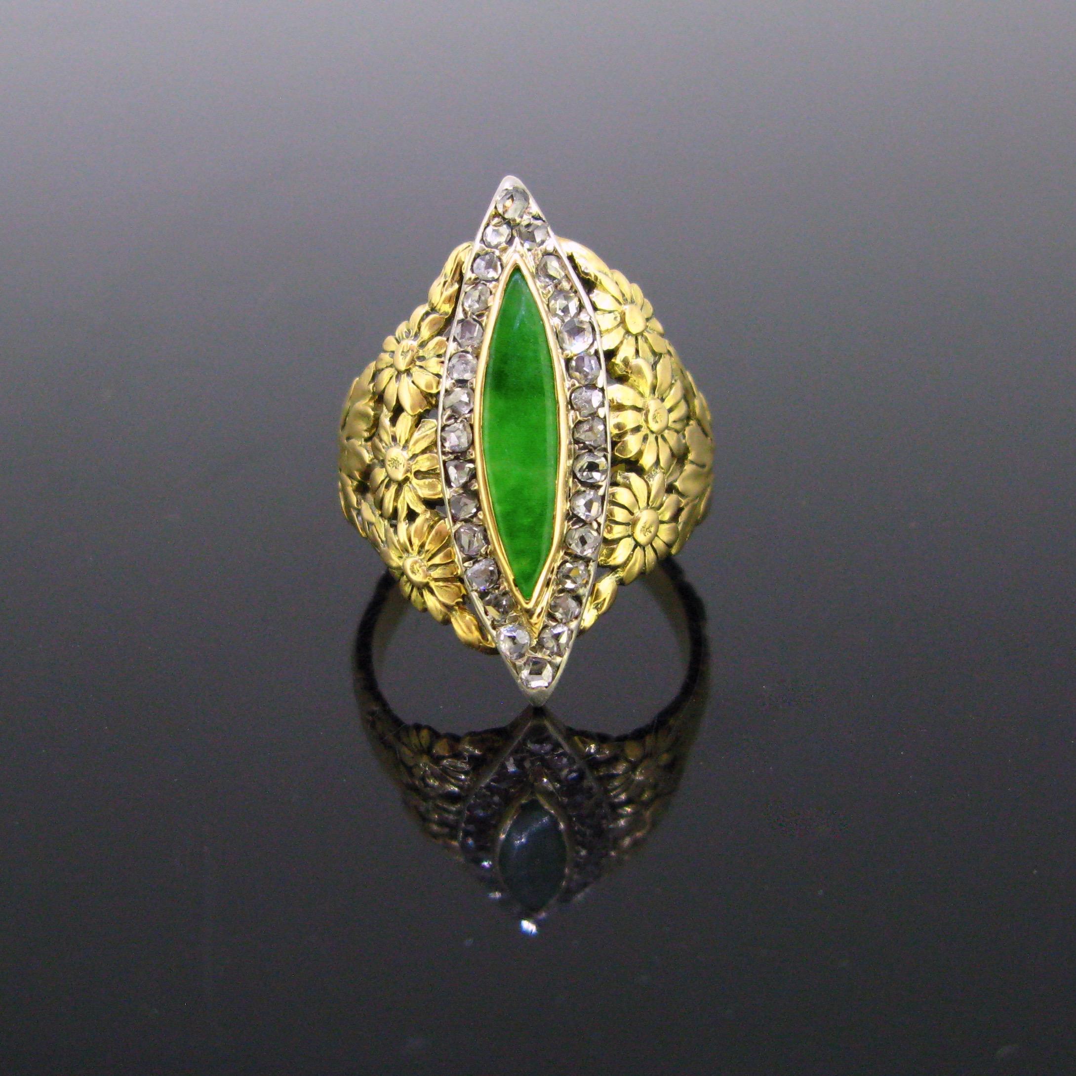 Marquise Cut Art Nouveau Jadeite Jade Diamonds Yellow Gold Platinum Marquise Ring