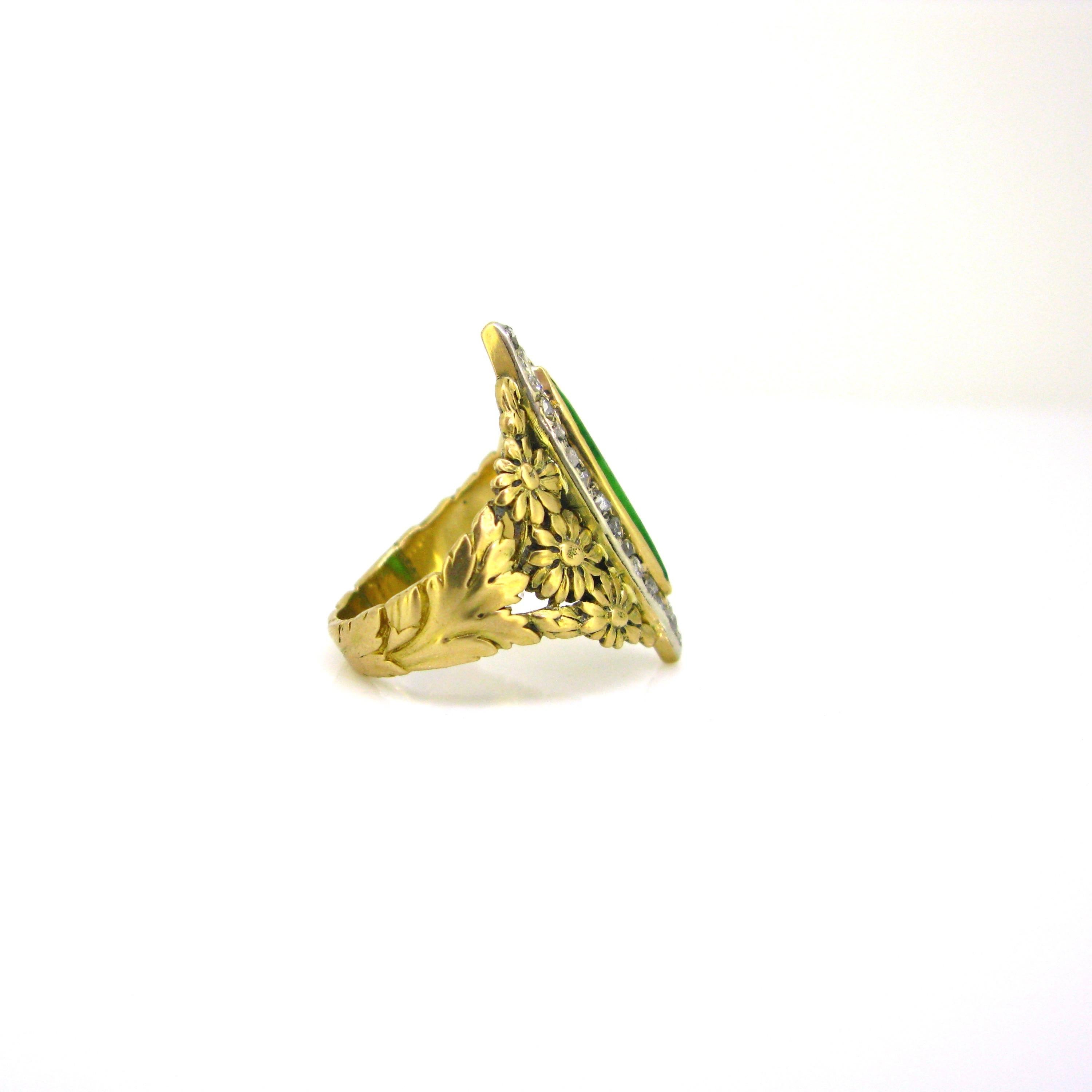 Art Nouveau Jadeite Jade Diamonds Yellow Gold Platinum Marquise Ring In Good Condition In London, GB