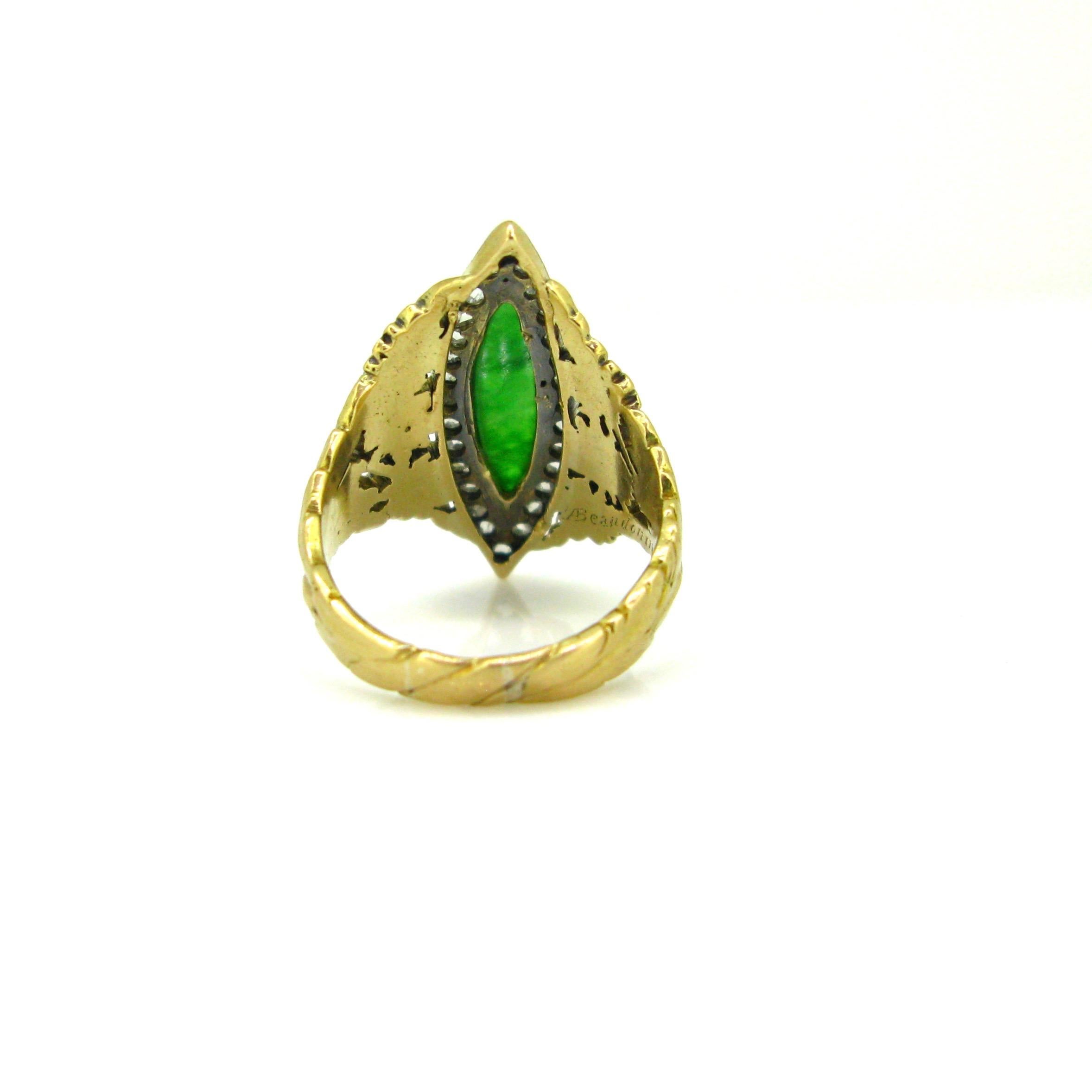 Women's or Men's Art Nouveau Jadeite Jade Diamonds Yellow Gold Platinum Marquise Ring