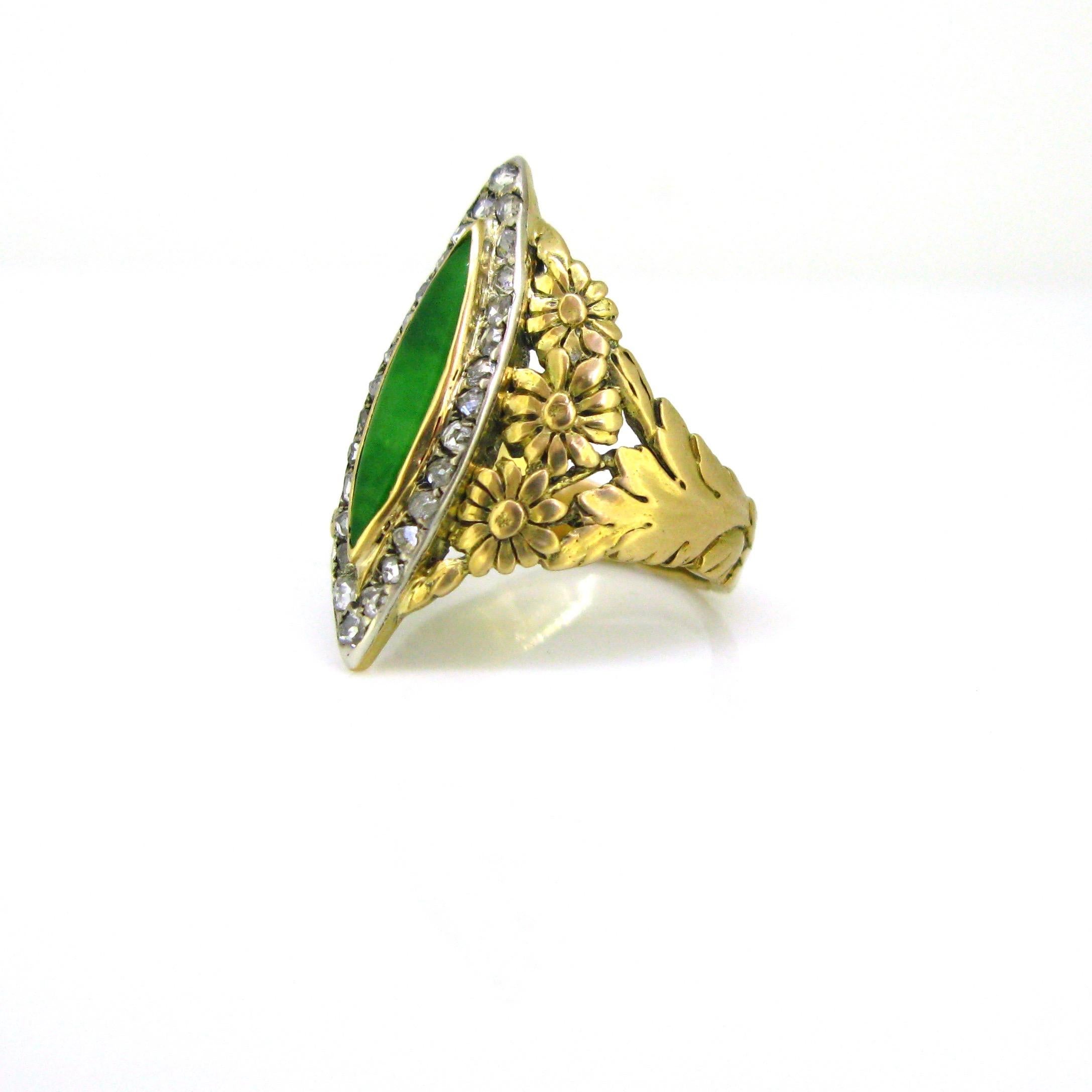 Art Nouveau Jadeite Jade Diamonds Yellow Gold Platinum Marquise Ring 1