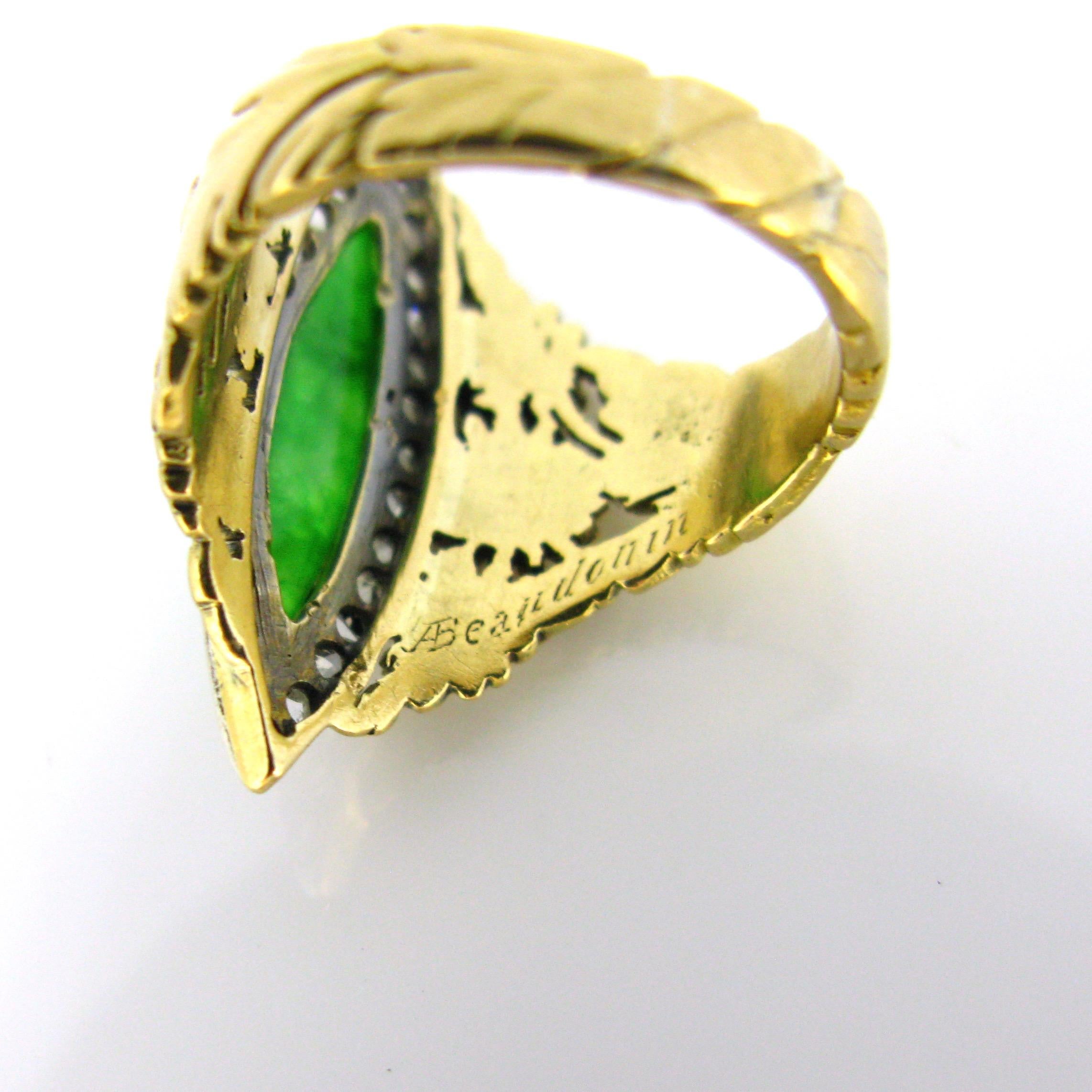 Art Nouveau Jadeite Jade Diamonds Yellow Gold Platinum Marquise Ring 2