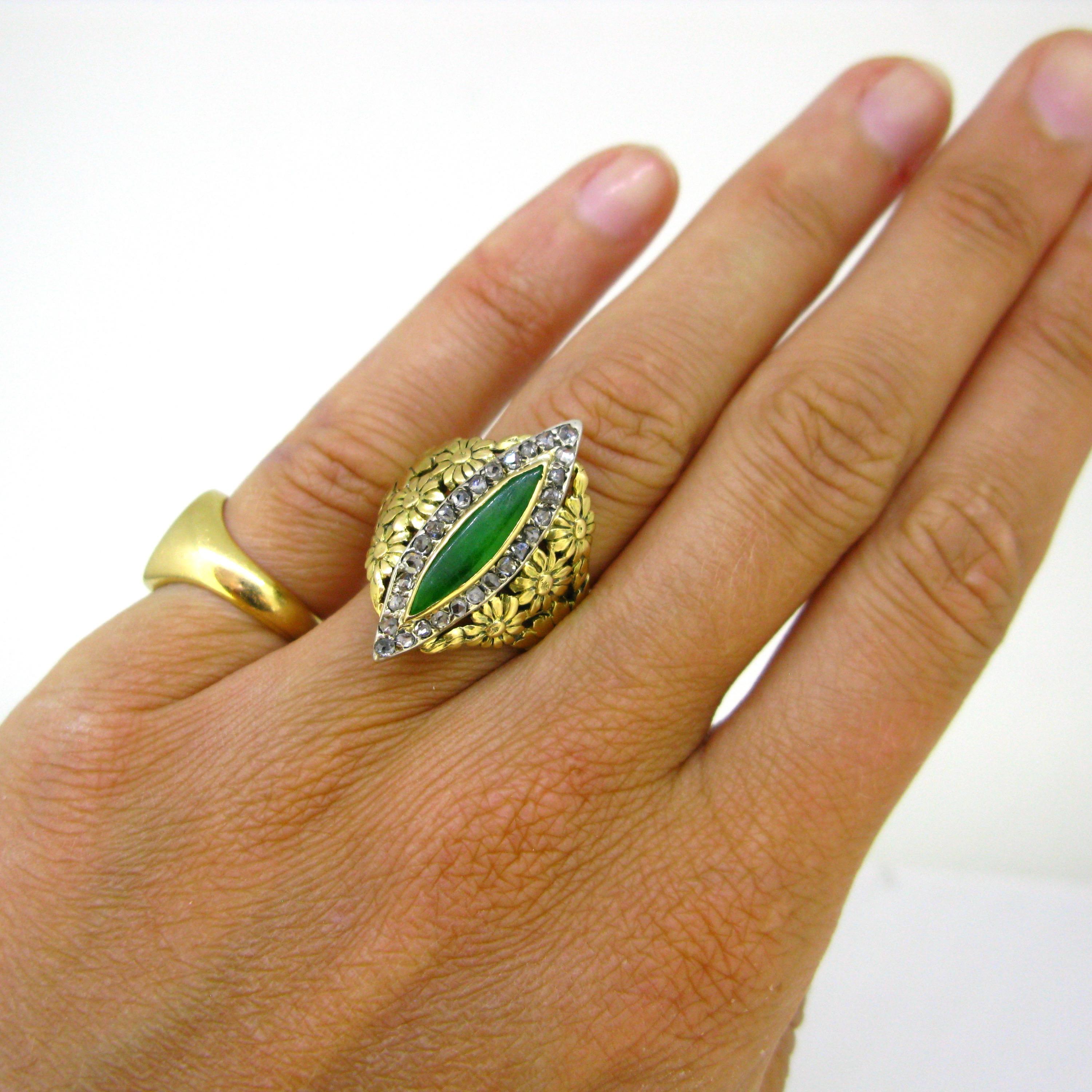 Art Nouveau Jadeite Jade Diamonds Yellow Gold Platinum Marquise Ring 3