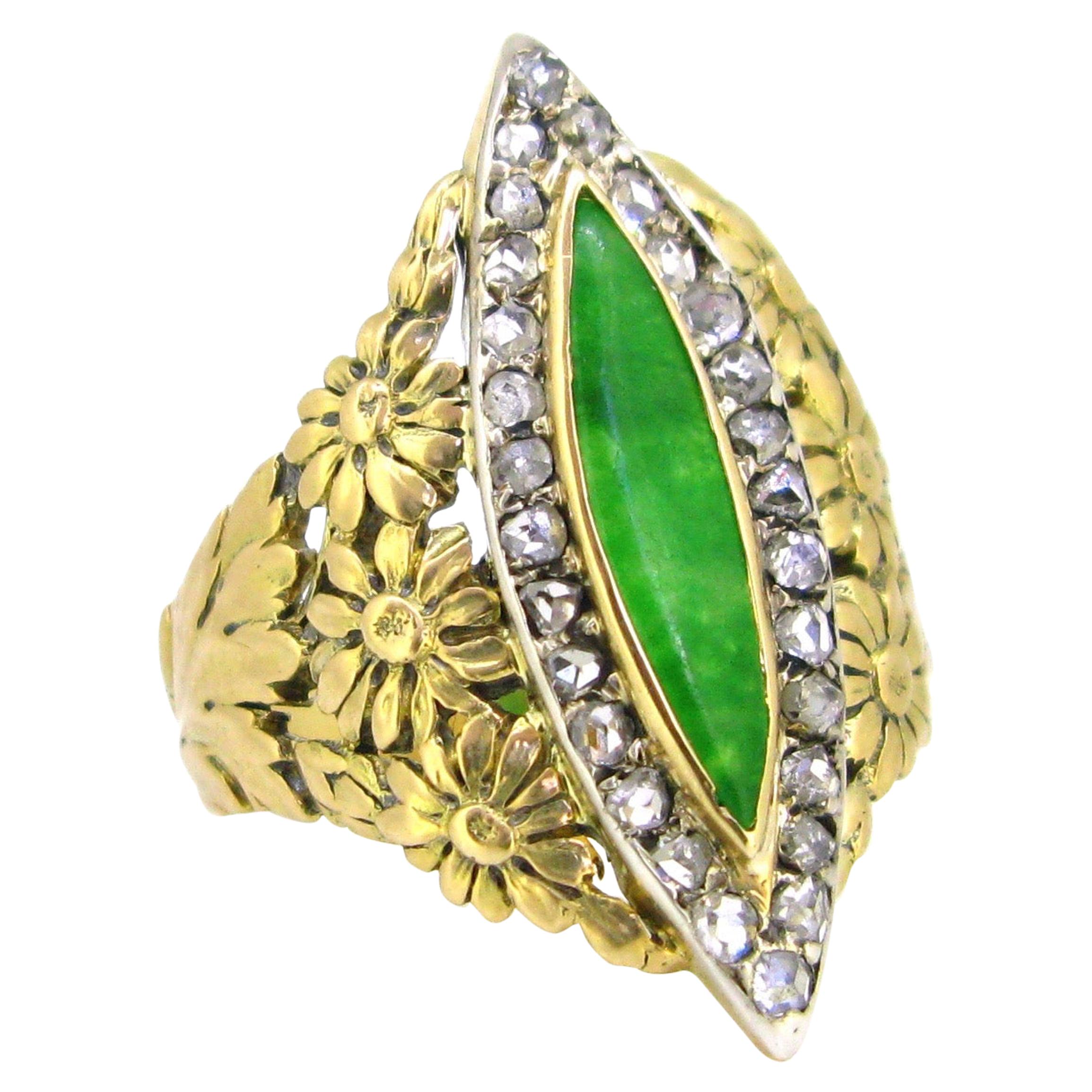 Art Nouveau Jadeite Jade Diamonds Yellow Gold Platinum Marquise Ring
