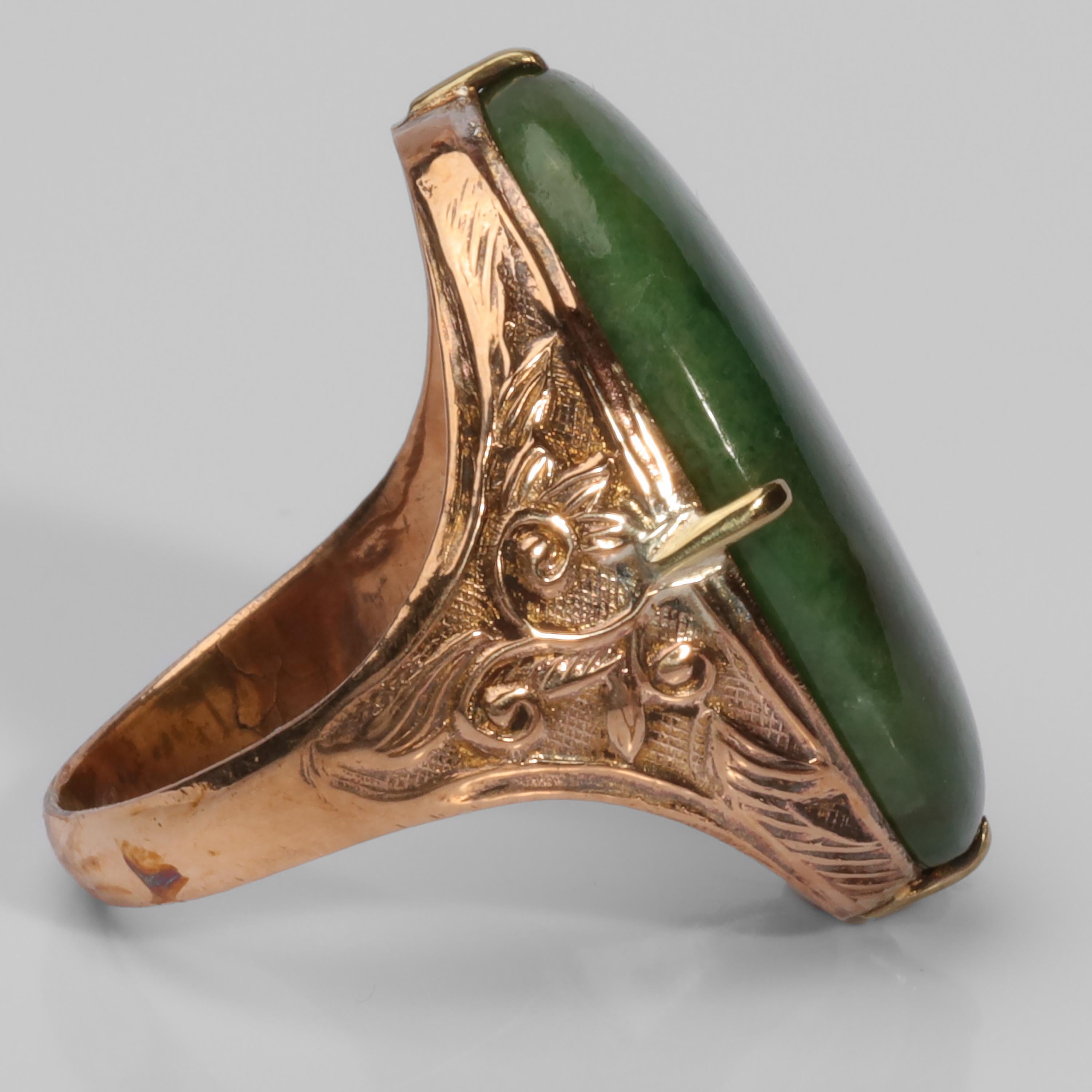Art Nouveau Jadeite Jade Ring Deep Floral Green in Rich Floral Setting In Excellent Condition In Southbury, CT