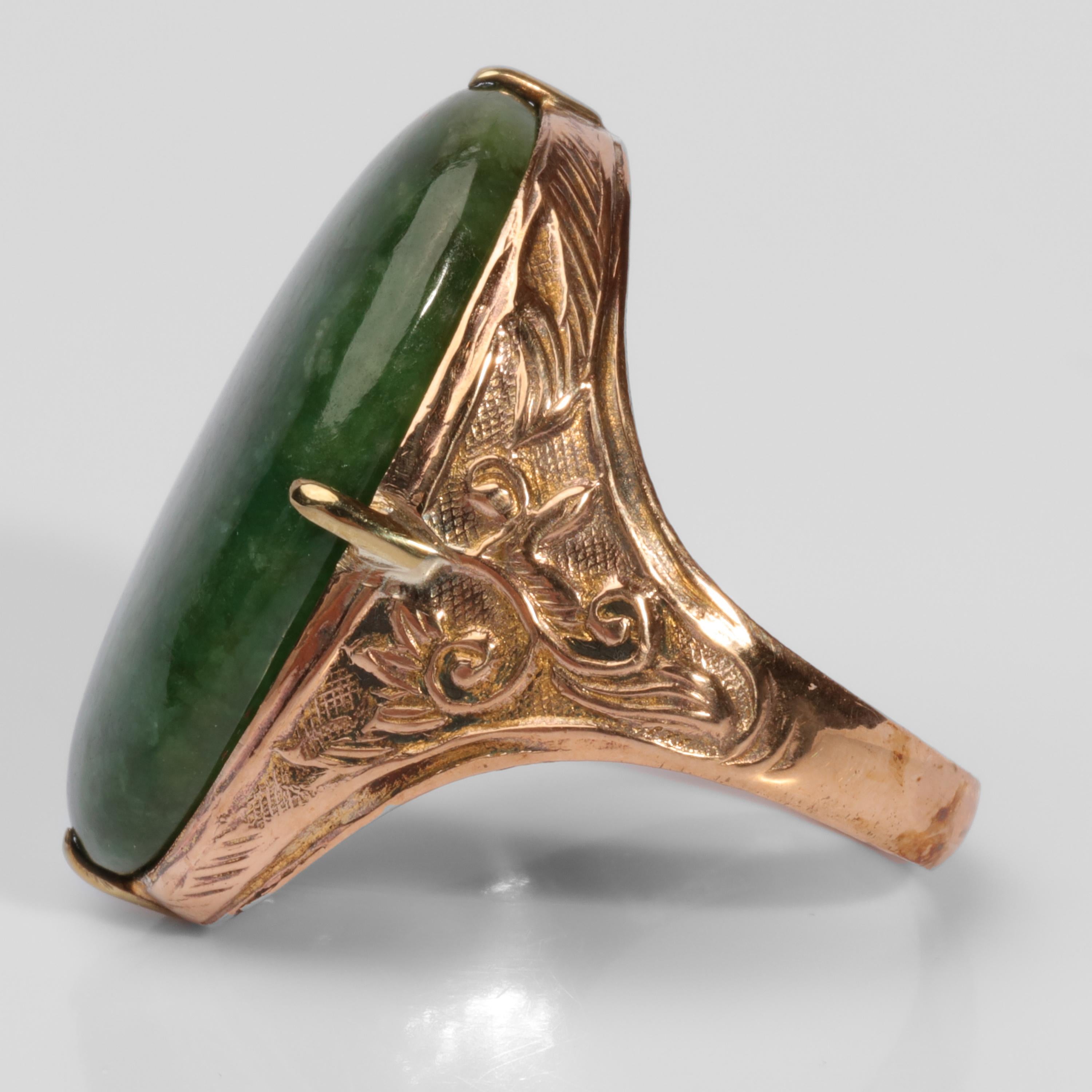 Women's or Men's Art Nouveau Jadeite Jade Ring Deep Floral Green in Rich Floral Setting