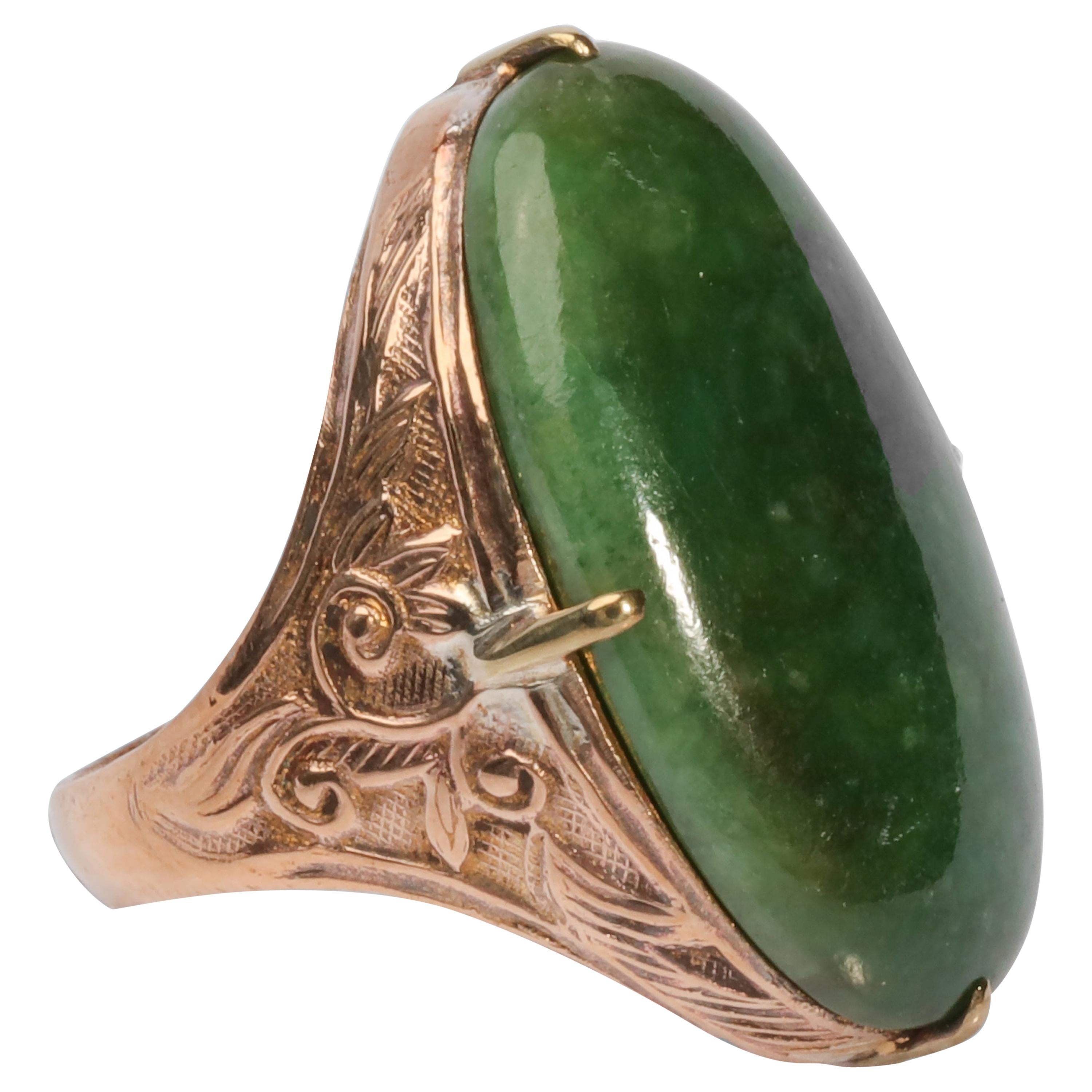 Art Nouveau Jadeite Jade Ring Deep Floral Green in Rich Floral Setting
