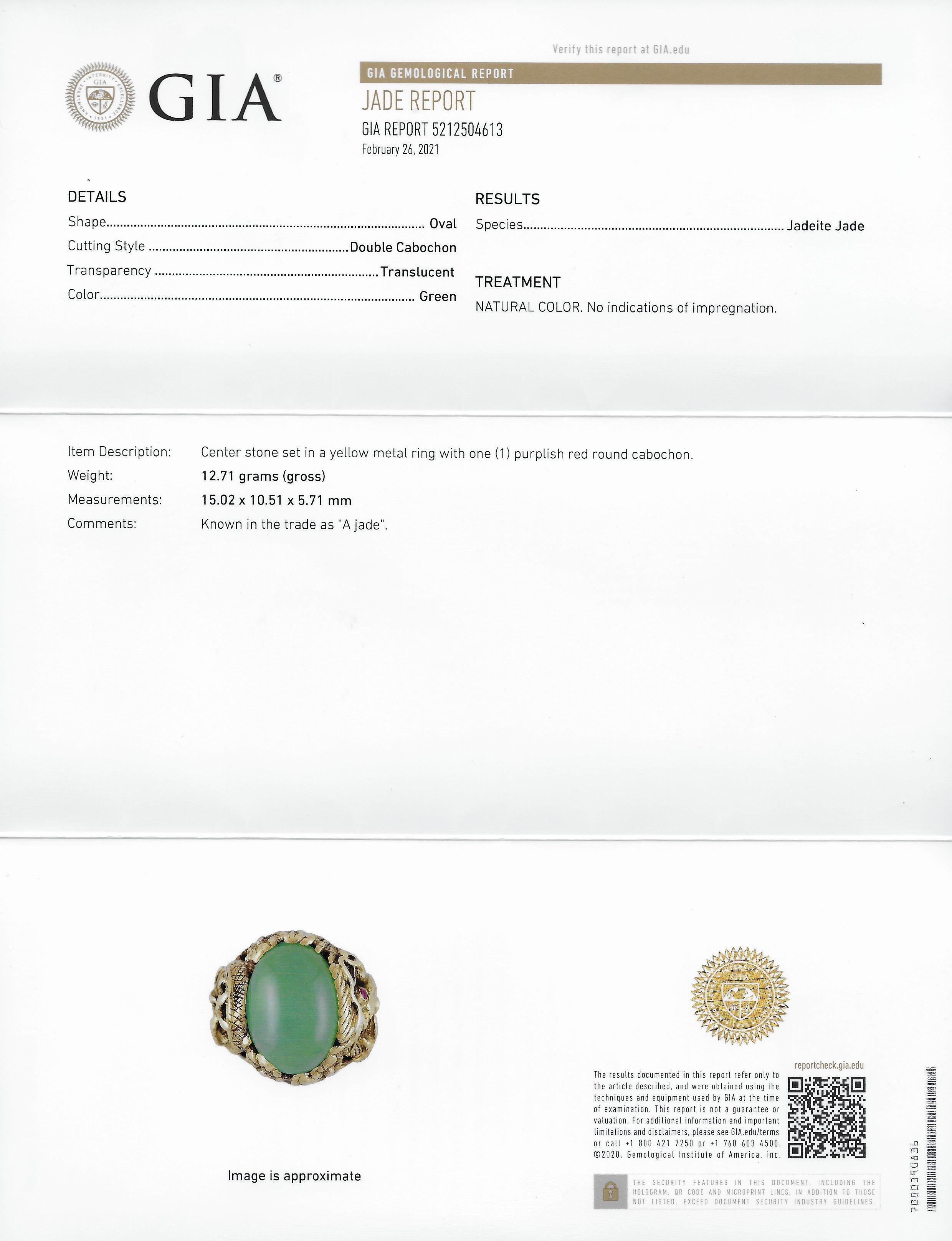 Art Nouveau Jadeite Jade Ruby 18 Karat Yellow Gold Dragon Antique Ring GIA For Sale 4
