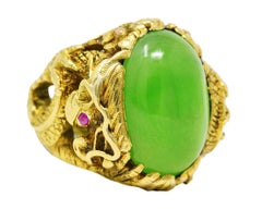 Art Nouveau Jadeite Jade Ruby 18 Karat Yellow Gold Dragon Antique Ring GIA