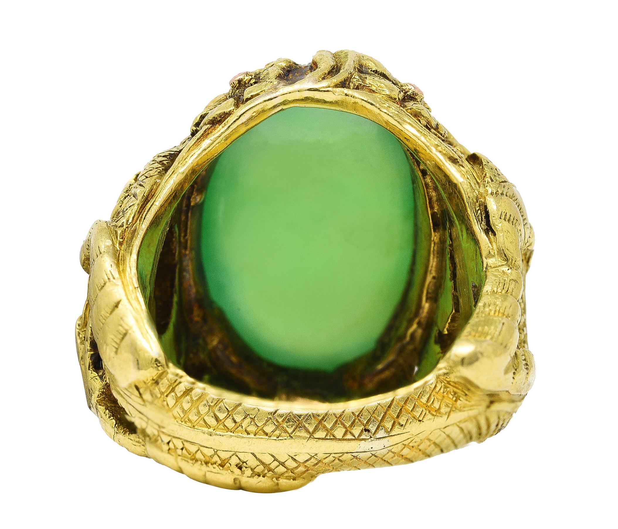 Oval Cut Art Nouveau Jadeite Jade Ruby 18 Karat Yellow Gold Dragon Antique Ring GIA For Sale