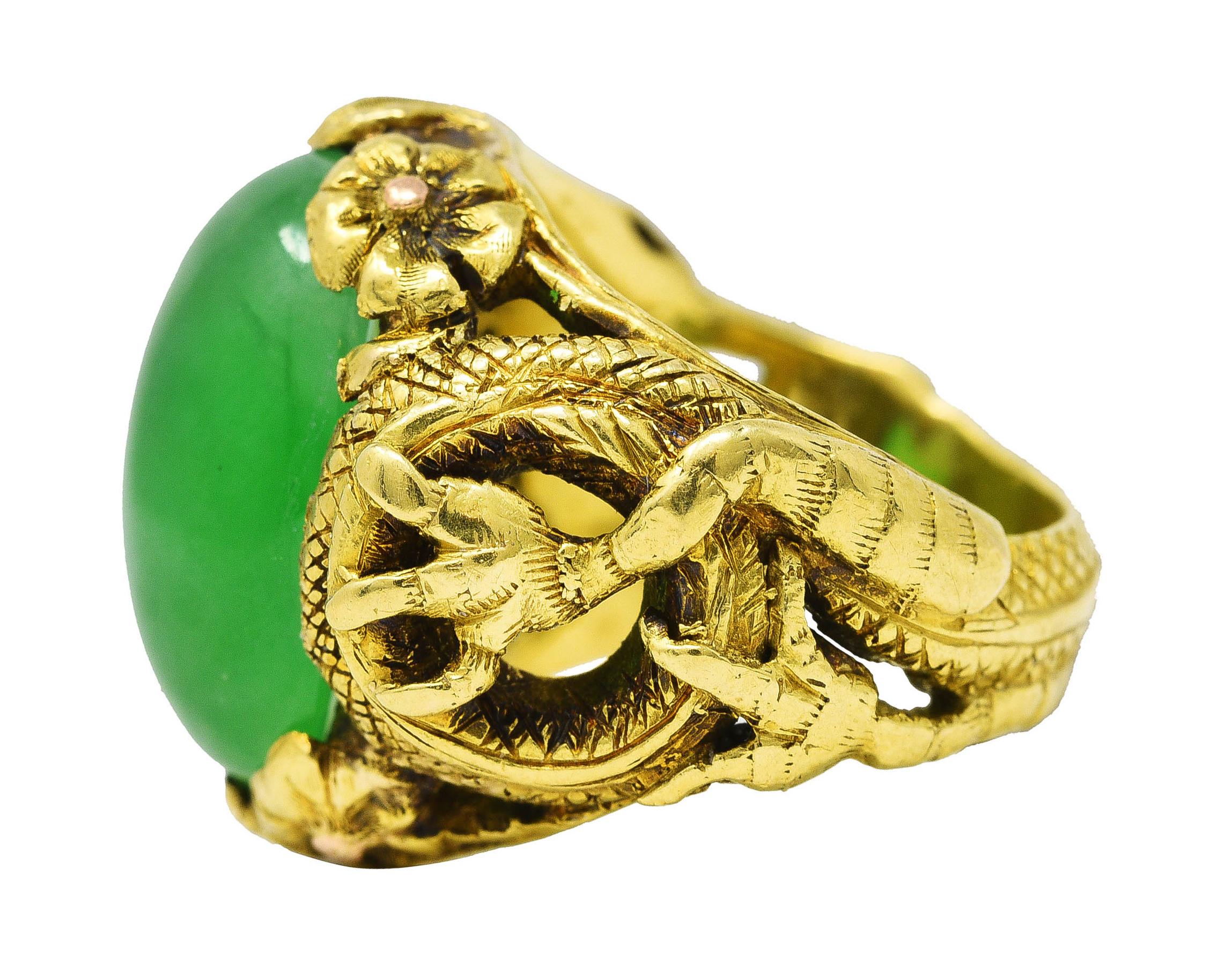 Art Nouveau Jadeite Jade Ruby 18 Karat Yellow Gold Dragon Antique Ring GIA In Excellent Condition For Sale In Philadelphia, PA
