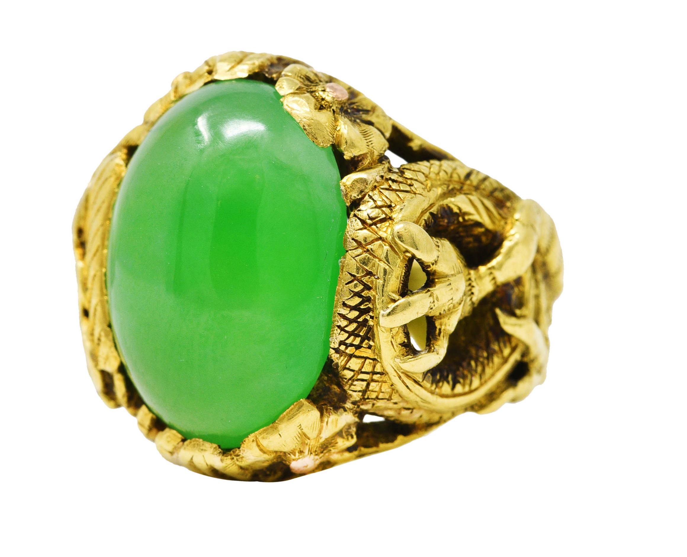 Women's or Men's Art Nouveau Jadeite Jade Ruby 18 Karat Yellow Gold Dragon Antique Ring GIA For Sale