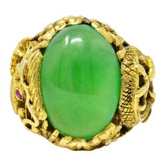 Antiker Jugendstil-Ring, Jadeit, Jade, Rubin, 18 Karat Gelbgold, GIA