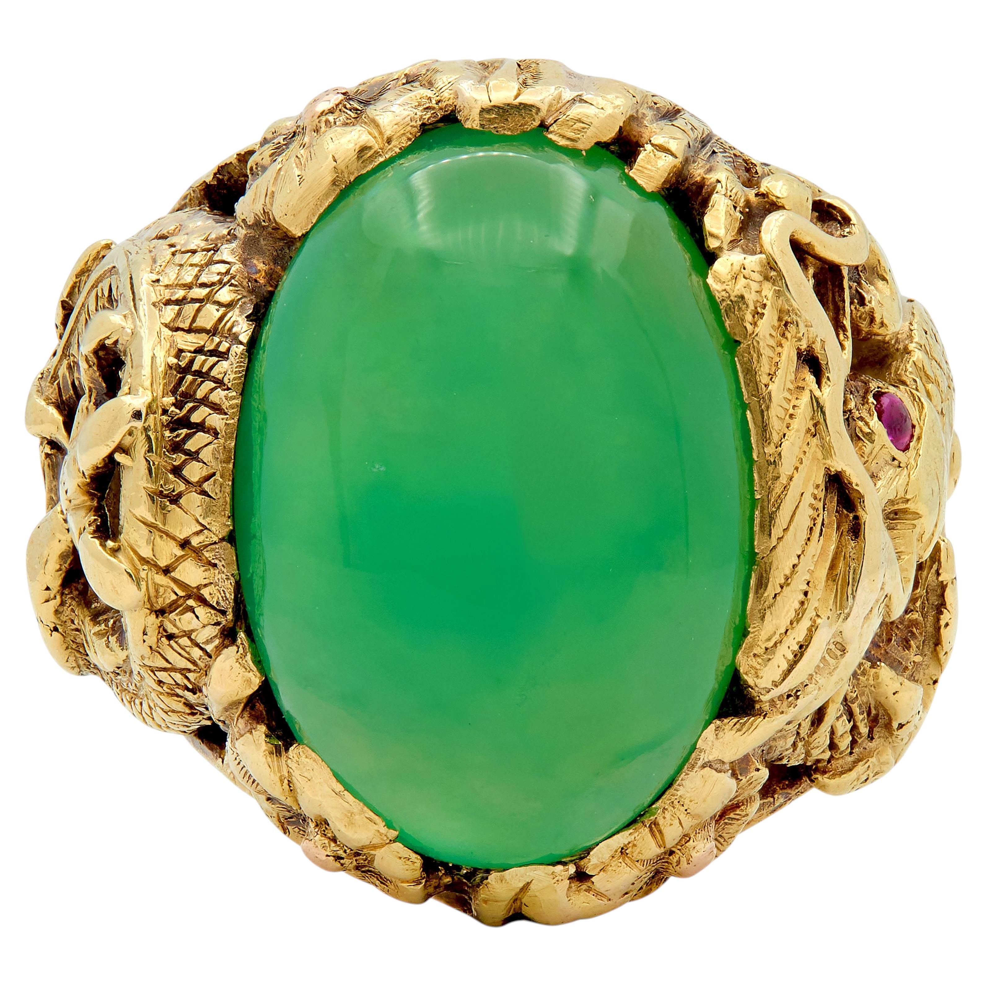 Art Nouveau Jadeite Jade Ruby 18 Karat Yellow Gold Dragon Antique Ring GIA For Sale