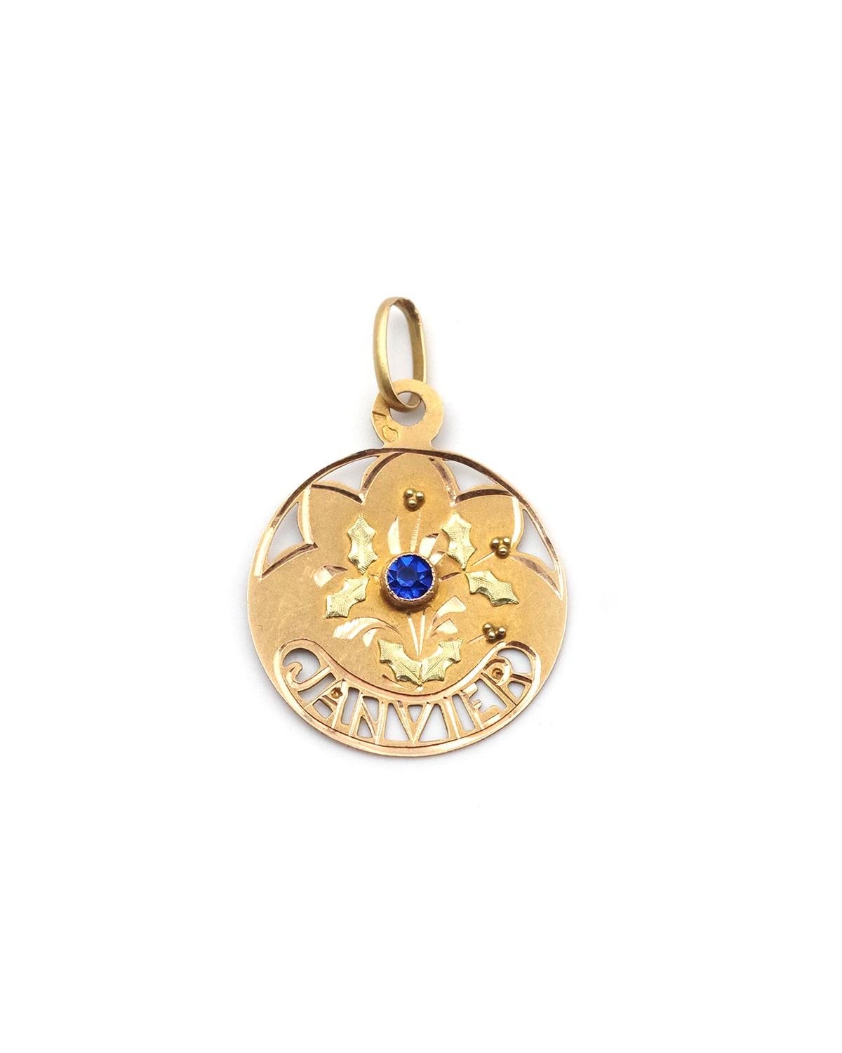 Medalla Art Nouveau del mes de enero en oro de 18 quilates, medalla de nacimiento, colgante de nacimiento en venta 1