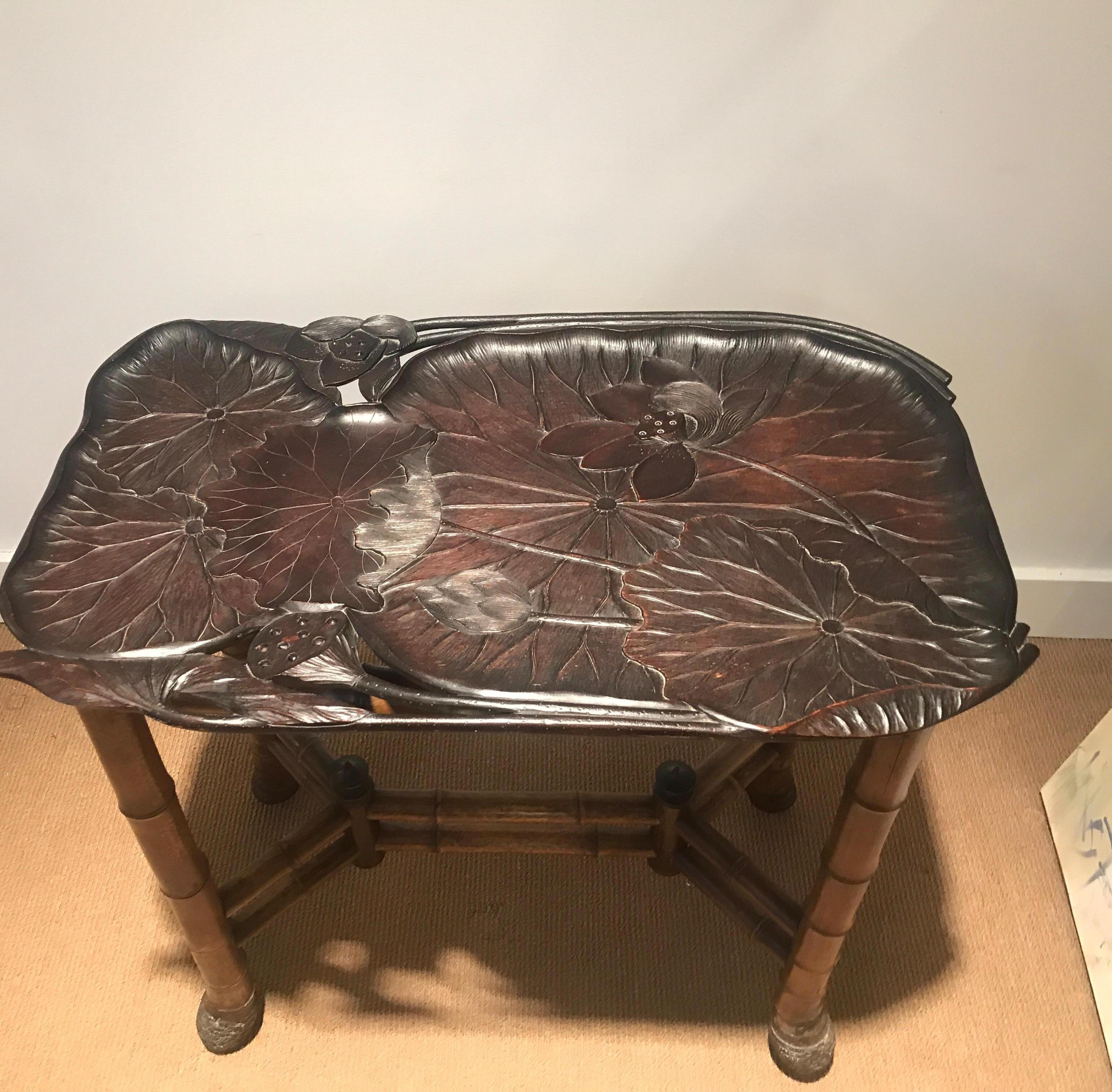 Hand-Carved Art Nouveau Japanese Lotus Form Tray Top Table