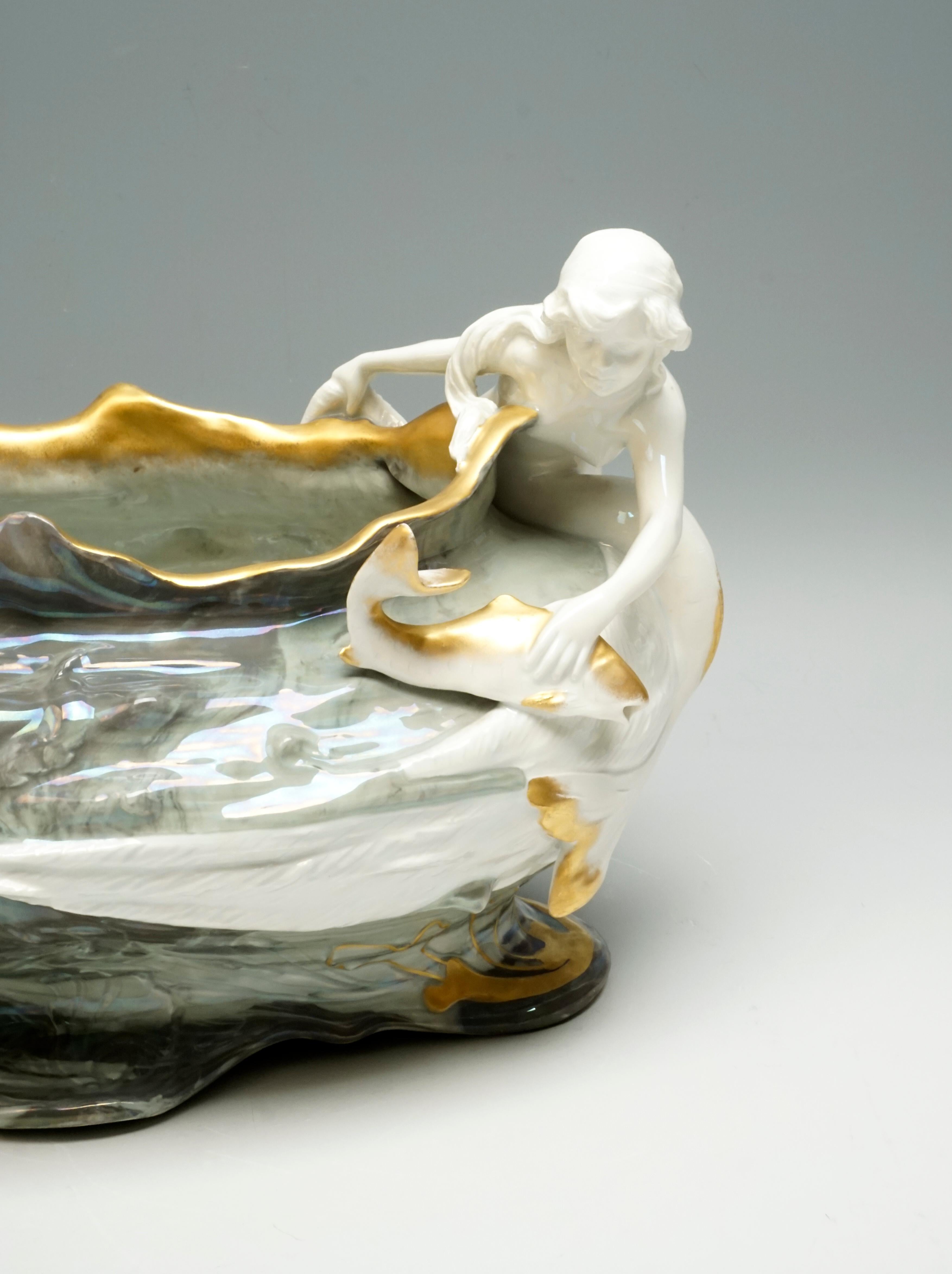 Hand-Crafted Art Nouveau Jardinière Nymphs Fishing In The Sea by A. Oppel, Rosenthal Kronach
