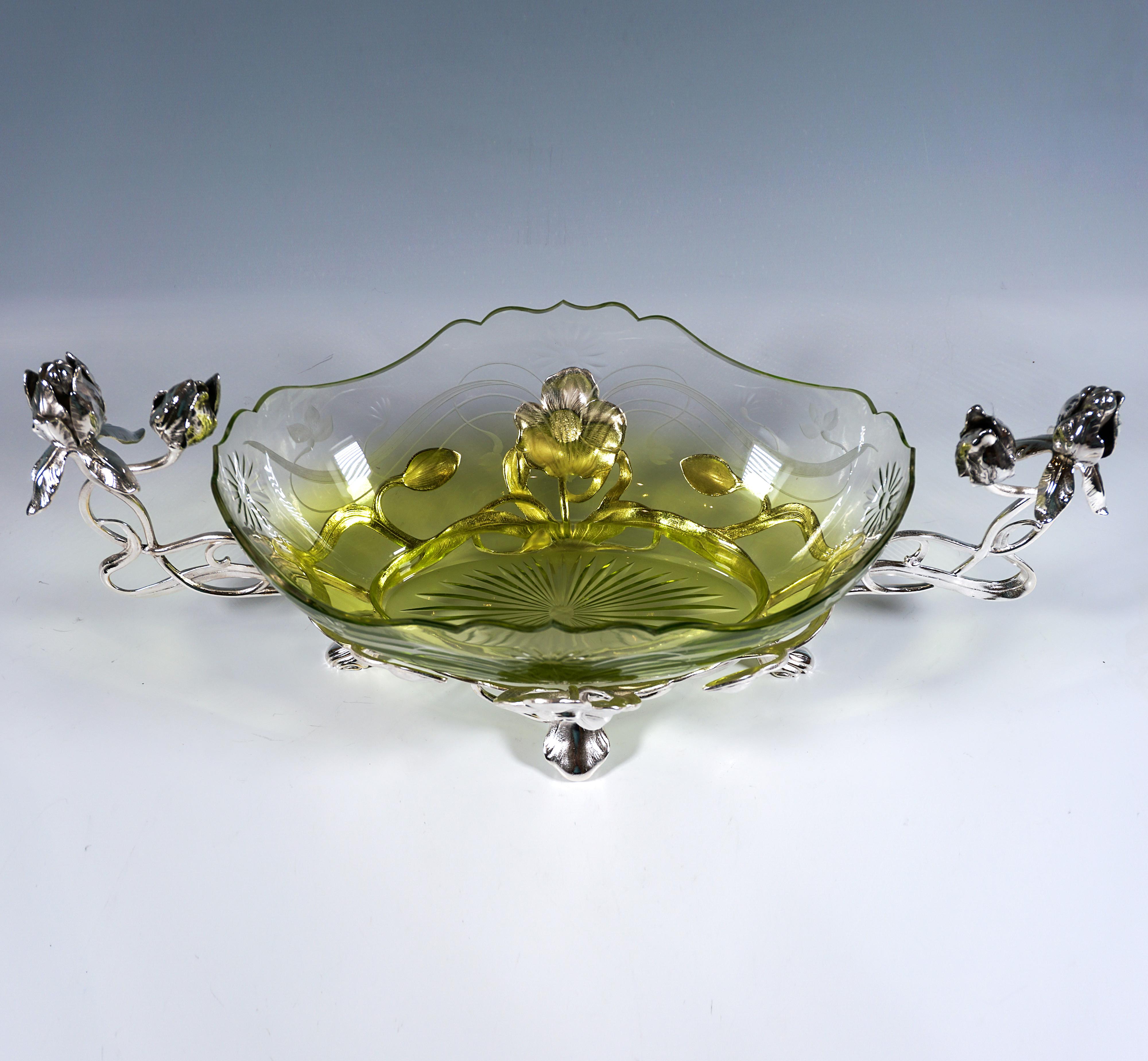 Faceted Art Nouveau Jardinière, Rose Tendrils & Clear-Green Glass, WMF Germany, 1910