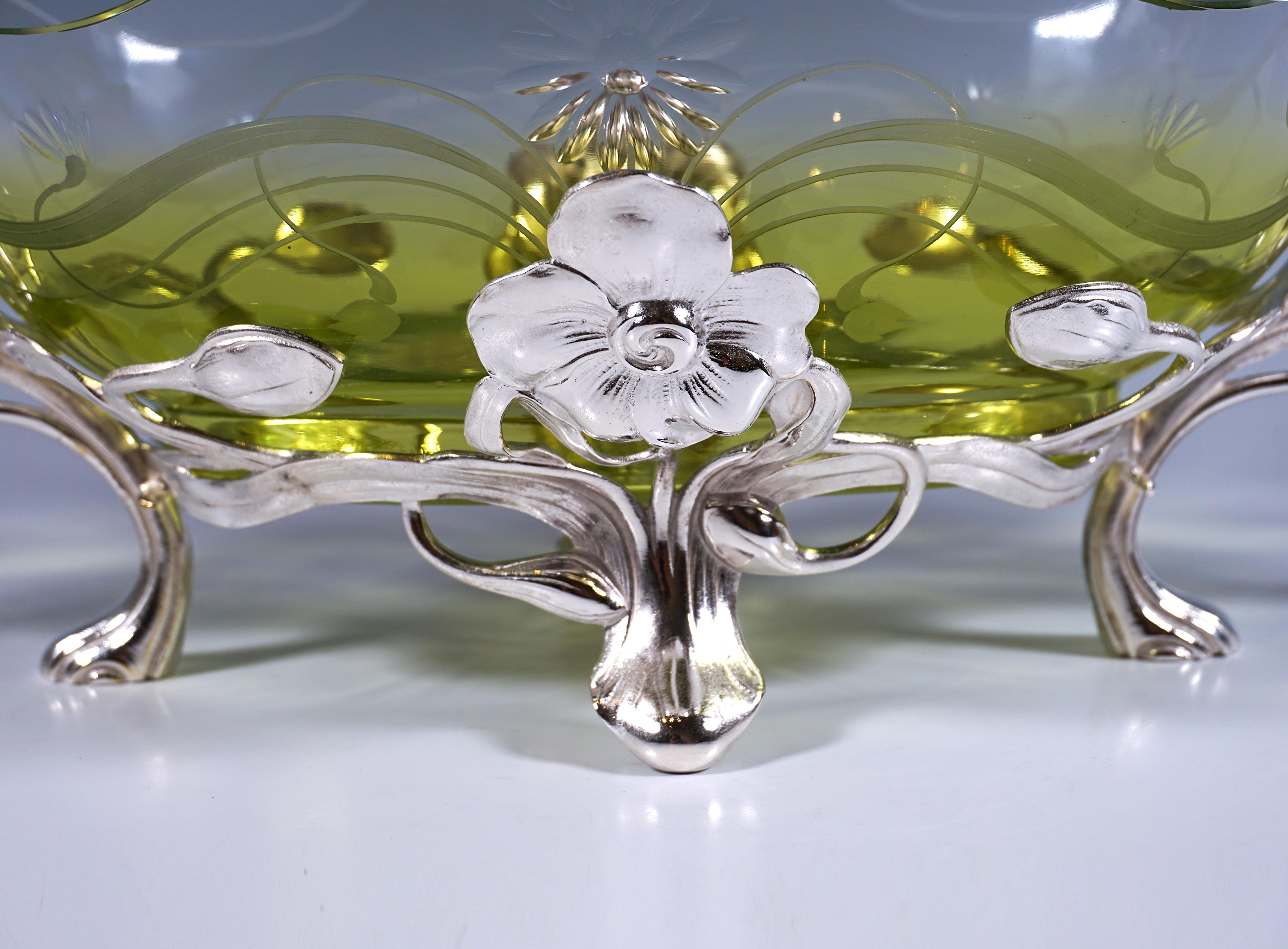 Metal Art Nouveau Jardinière, Rose Tendrils & Clear-Green Glass, WMF Germany, 1910
