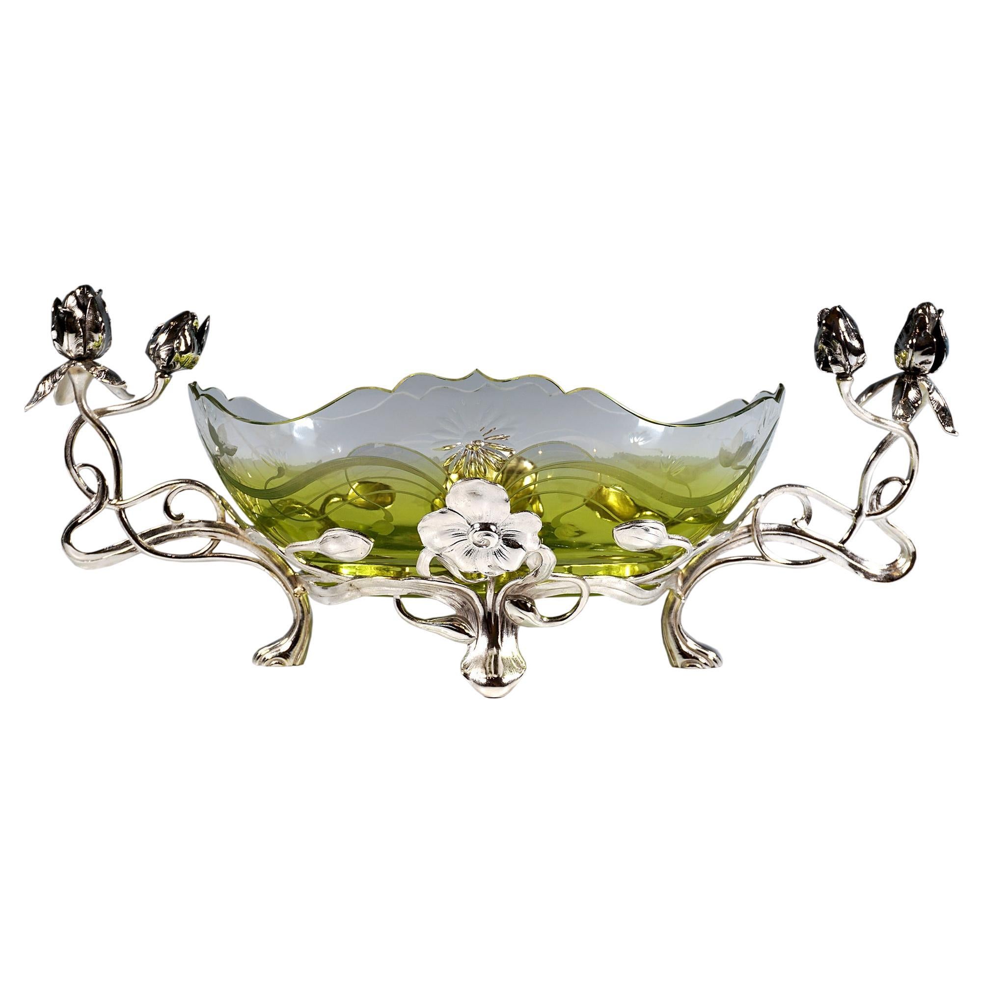 Art Nouveau Jardinière, Rose Tendrils & Clear-Green Glass, WMF Germany, 1910