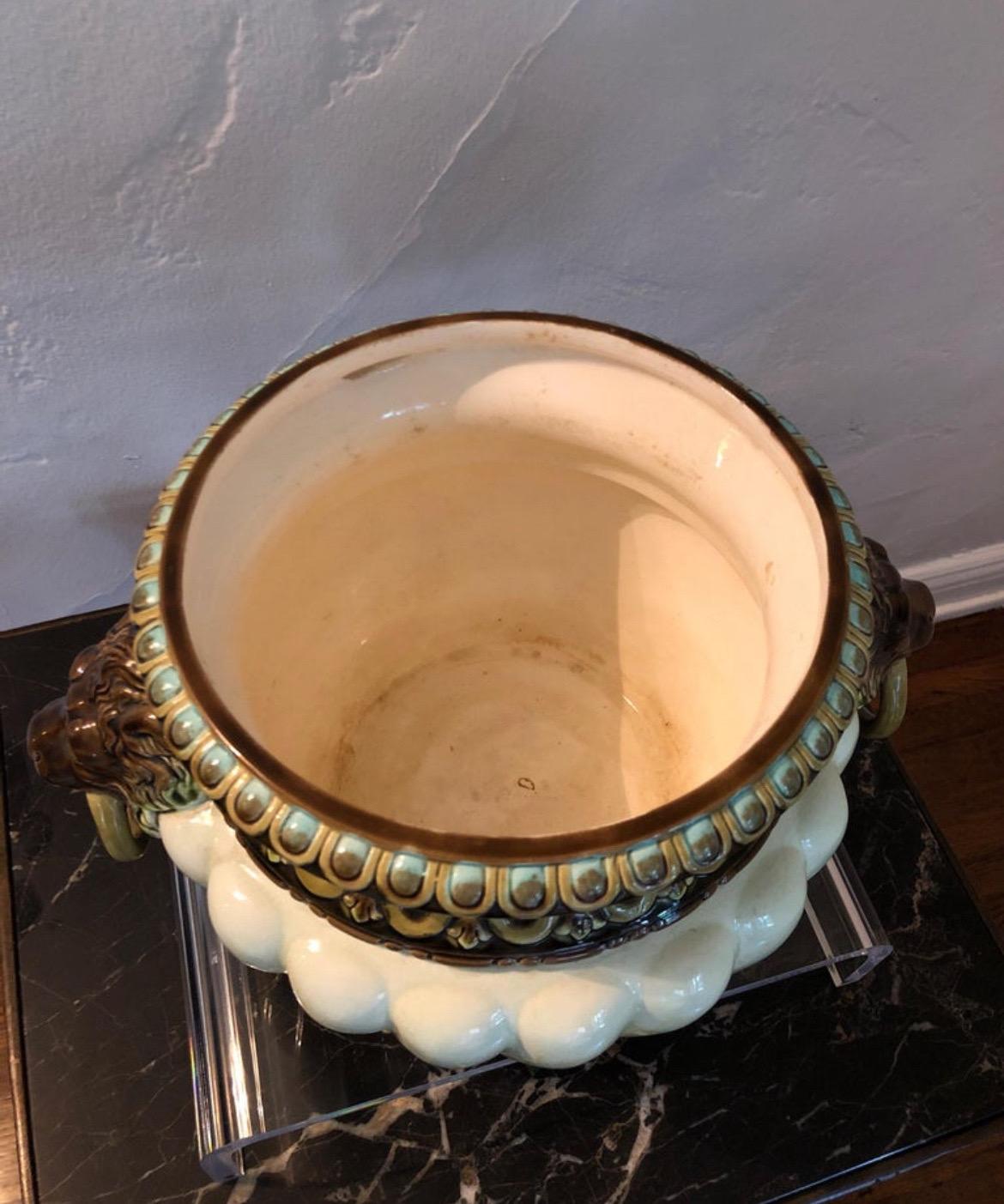 Ceramic Art Nouveau Jardiniere with Lion Head ls by Julius Dressler, Early 1900s For Sale