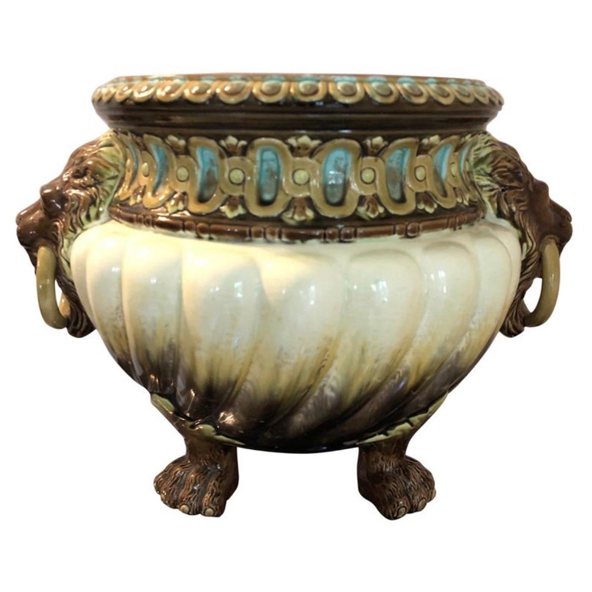 Jardinière Art Nouveau avec tête de lion par Julius Dressler, début des années 1900