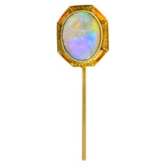 Art Nouveau Jelly Opal Cabochon 14 Karat Gold Hexagonal Stickpin
