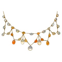 Art Nouveau Jelly Opal & Fire Opal 14 Karat Gold Swag Necklace