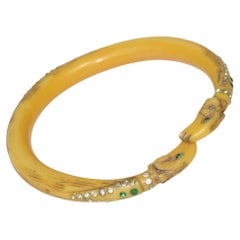 Art Nouveau Jeweled Celluloid Bracelet Bangle with Ram Heads