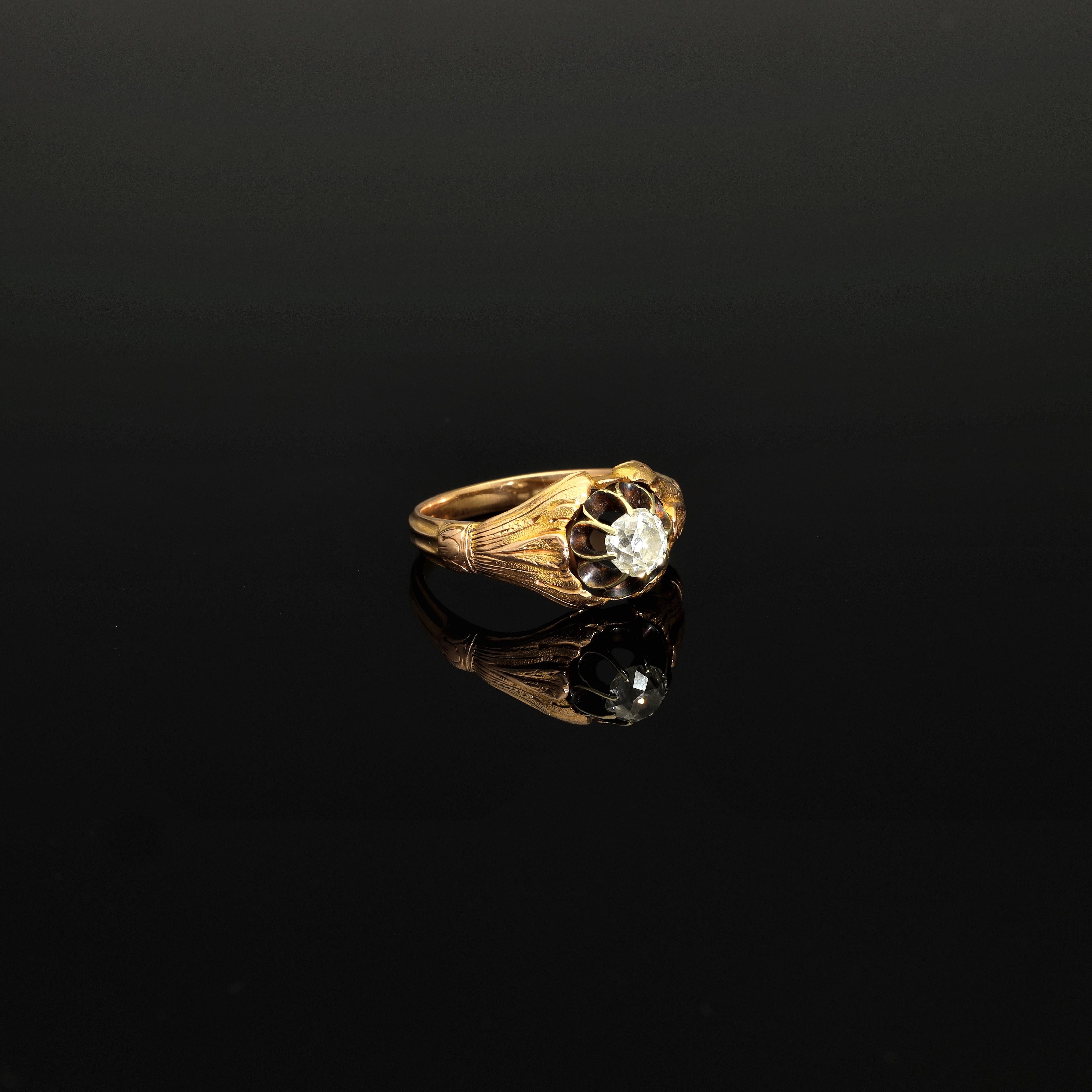 Art Nouveau Jewelry 0.6 CT Old Mine Cut Diamond Solitaire Antique French Ring For Sale 8